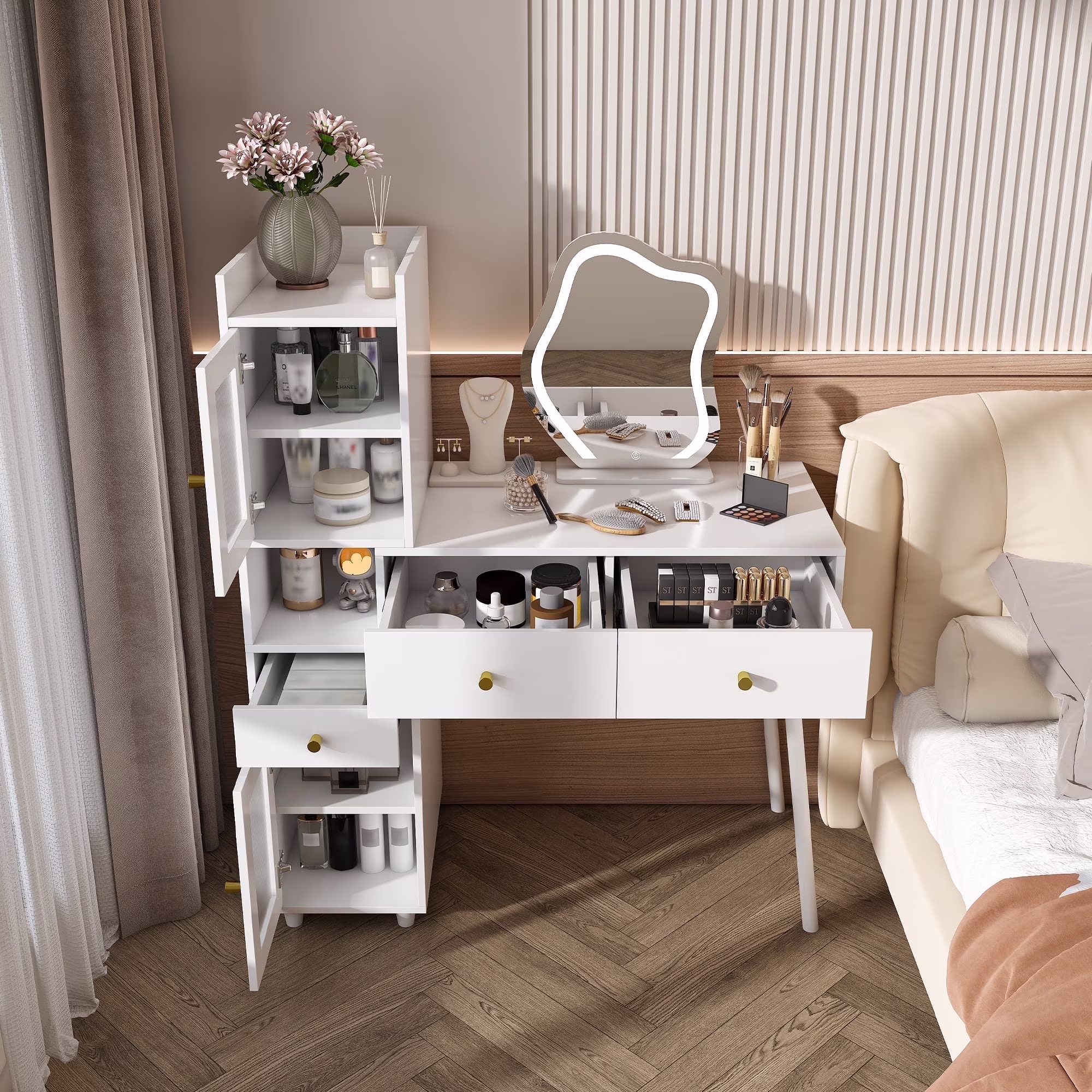 Montary Modern Mini Vanity w/Adjustable LED Mirror + Hidden Storage, Padded Stool & Dustproof Shelves (White) - Image 3