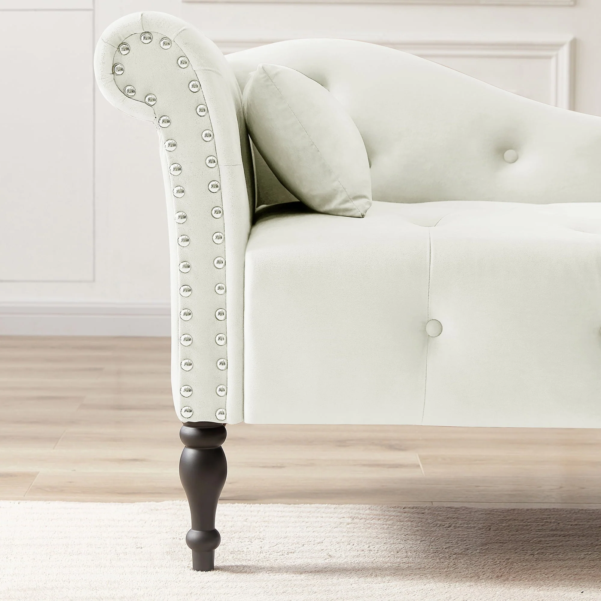 HUTWIFE Velvet Chaise Lounge, Left Arm Design Chaise with Nailhead Trim Tufted Button Lounge Chair with Pillow Modern Upholstered Rolled Arm Lounges Chair for Living Room Bedroom - Image 6