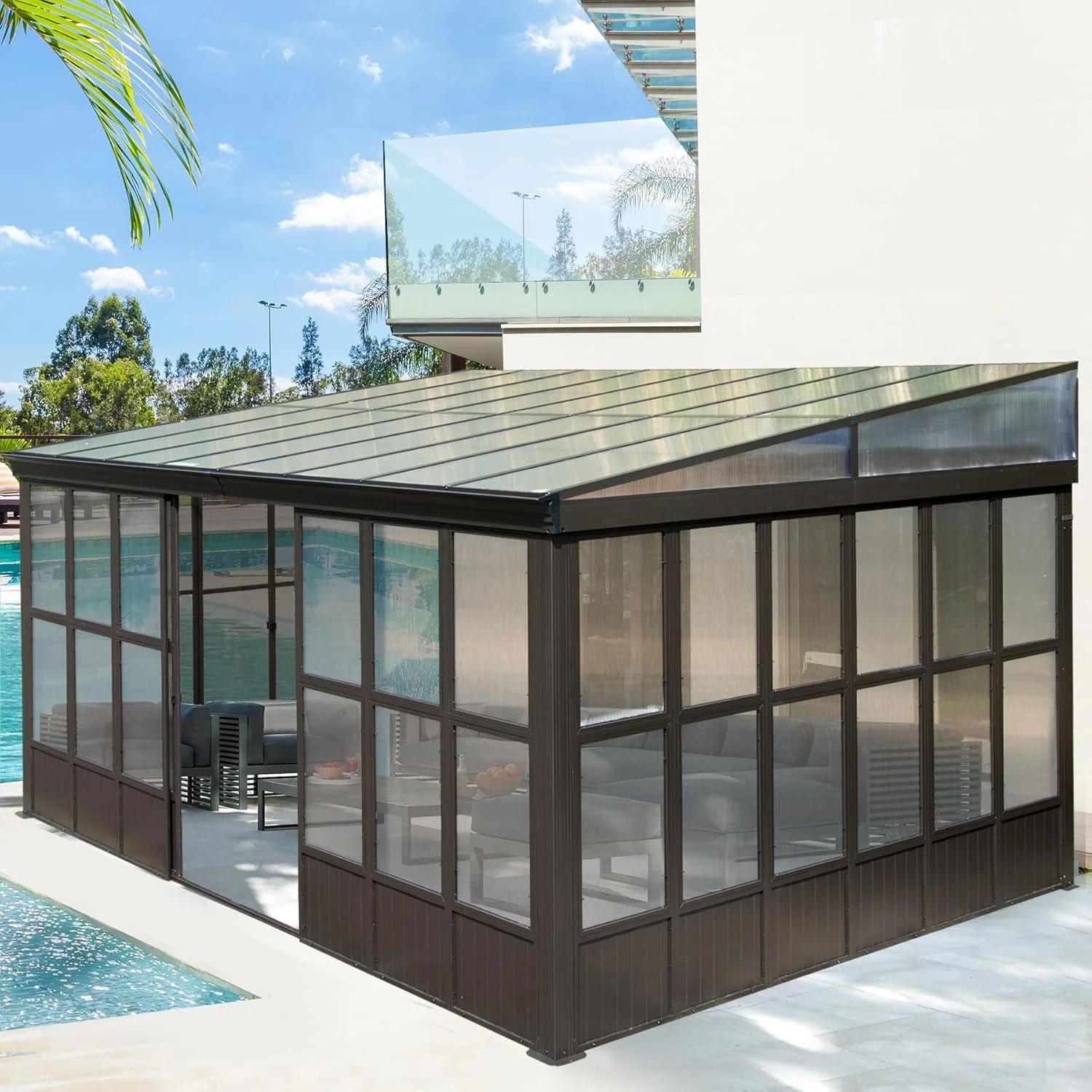 TOTAL Outdoor 10'x12' All-Season Sunroom Gazebo with Steel Roof, PVC Screen, Front & Side Door, Brown - Image 30