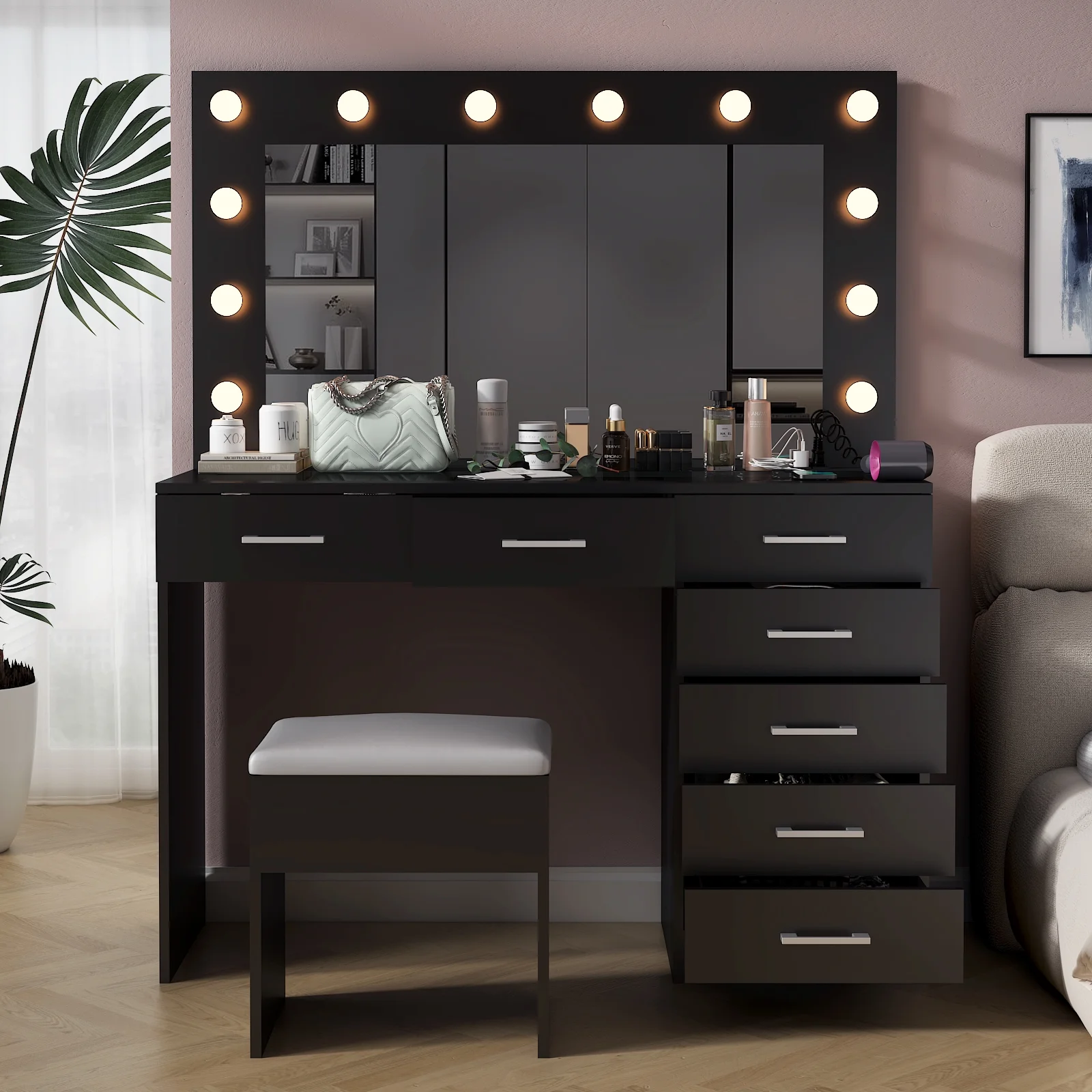 Ktaxon Large Makeup Vanity, Vanity Table Set w/ Visible Glass Top w/ Charging Station, White - Image 104