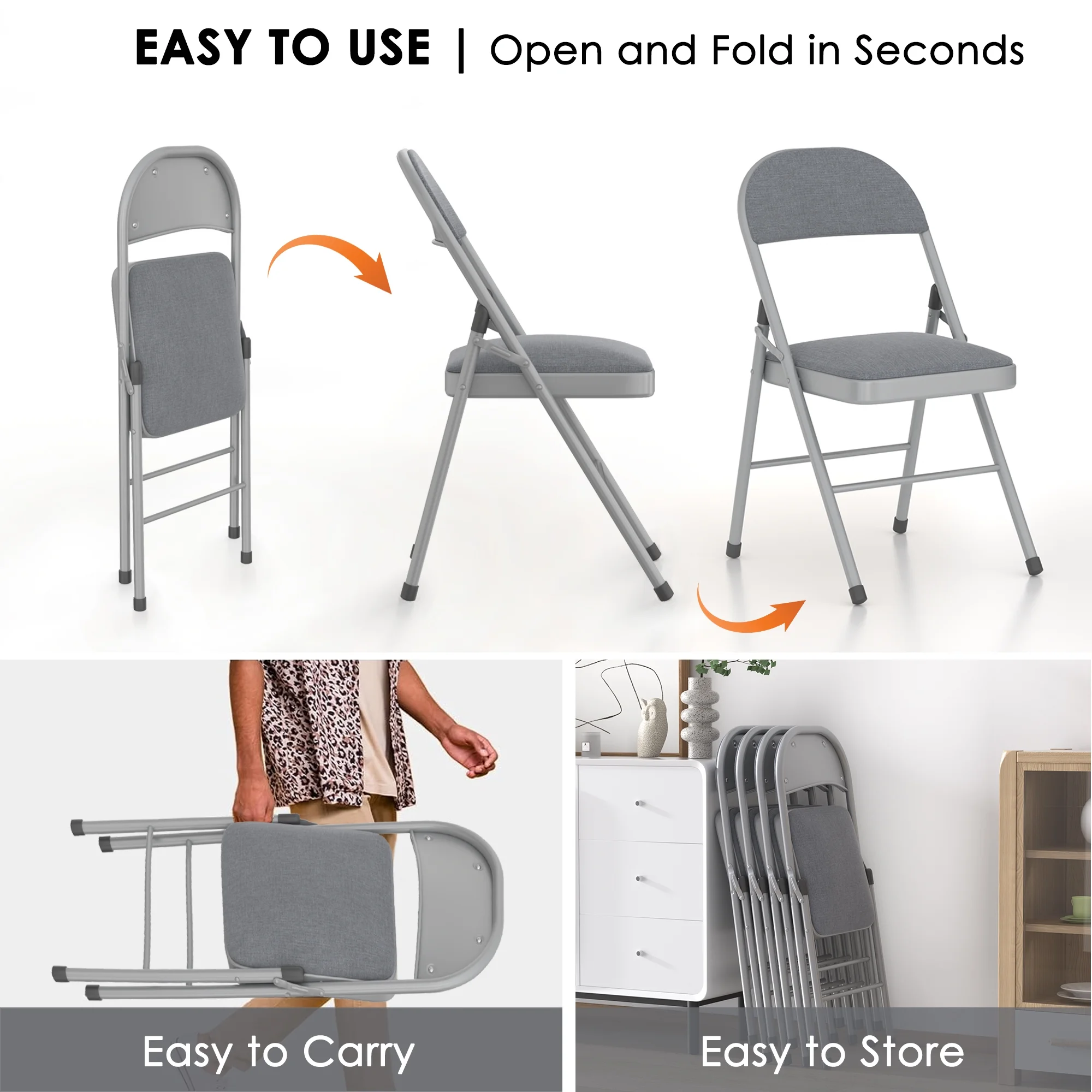 VECELO Set of 4 Folding Chairs, Fabric Dining Chair Set with Padded Cushion and Back, Indoor Outdoor Upholstered Seat with Metal Frame for Home Office Events Wedding Party, Orange - Image 29