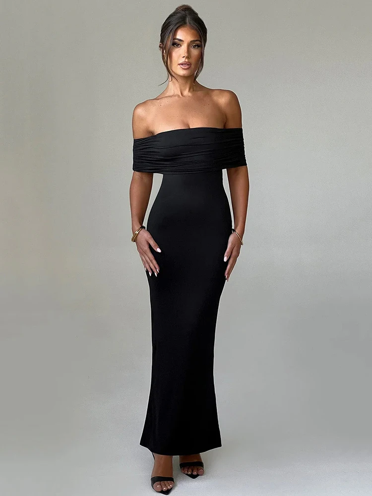 Strapless Backless Sexy Maxi Dress For Women Black Solid Off-shoulder Sleeveless Bodycon Club Party Long Dress Elegant - AZJHJ