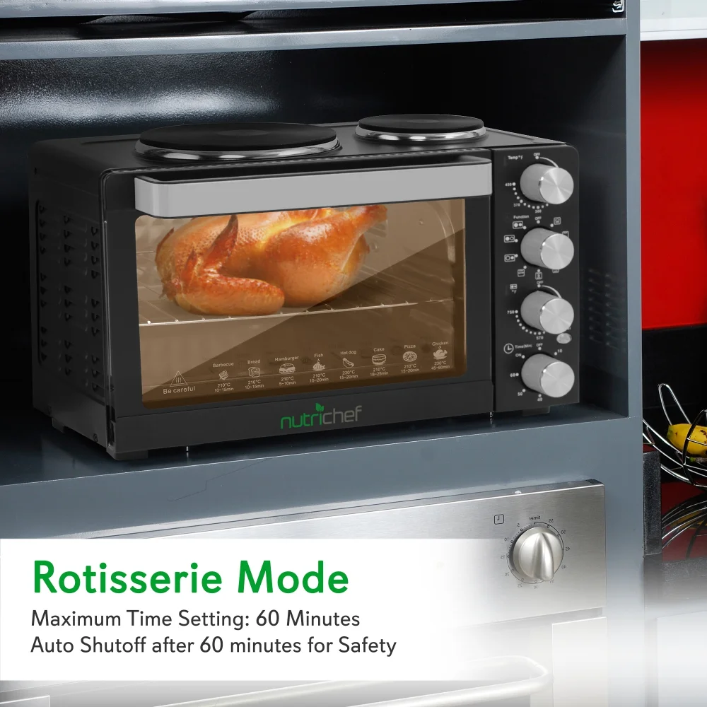 NutriChef 30 Quart Kitchen Convection Oven & 2 Burner Cooker - 1500 Watt Oven - 7 Cook Functions Rotisserie, Cook, Bake, Broil & More - Includes Baking Tray, Skewers & Handles - 19.6 x 16.0 x 13.5 IN - Image 4