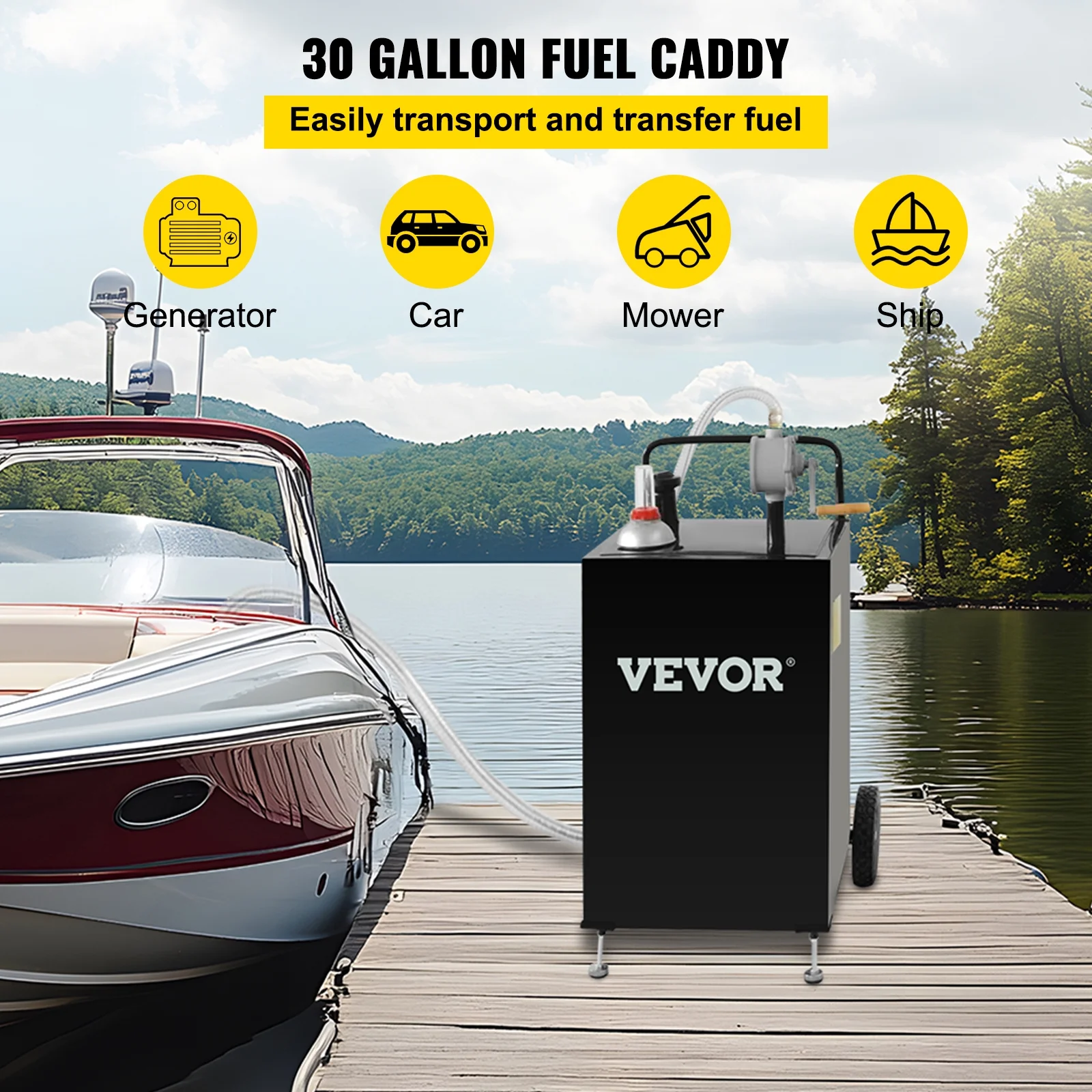 SKYSHALO 30 Gallon Gas Caddy, Black,Fuel Storage Tank with Wheels, Portable Fuel Caddy with Manuel Transfer Pump, Gasoline Diesel Fuel Container For Cars, Lawn Mowers