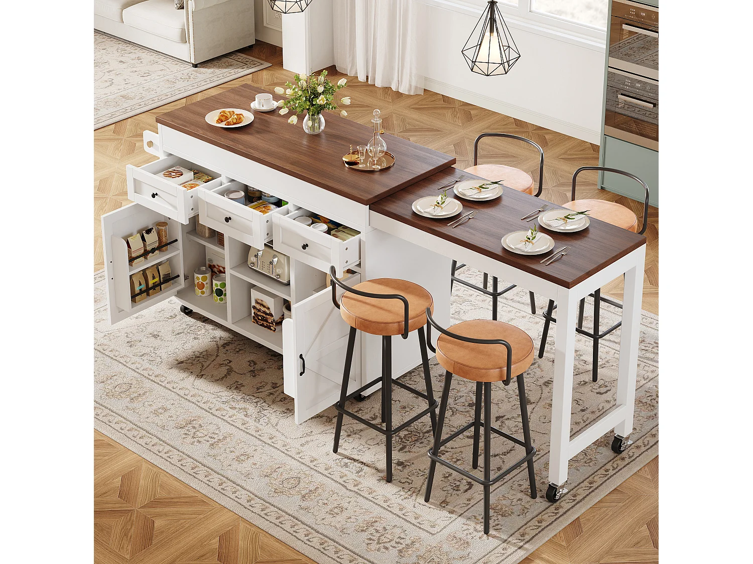 Îlot de cuisine extensible 131-210cm, Table de Bar avec 3 Tiroirs et 2 Placards - Blanc