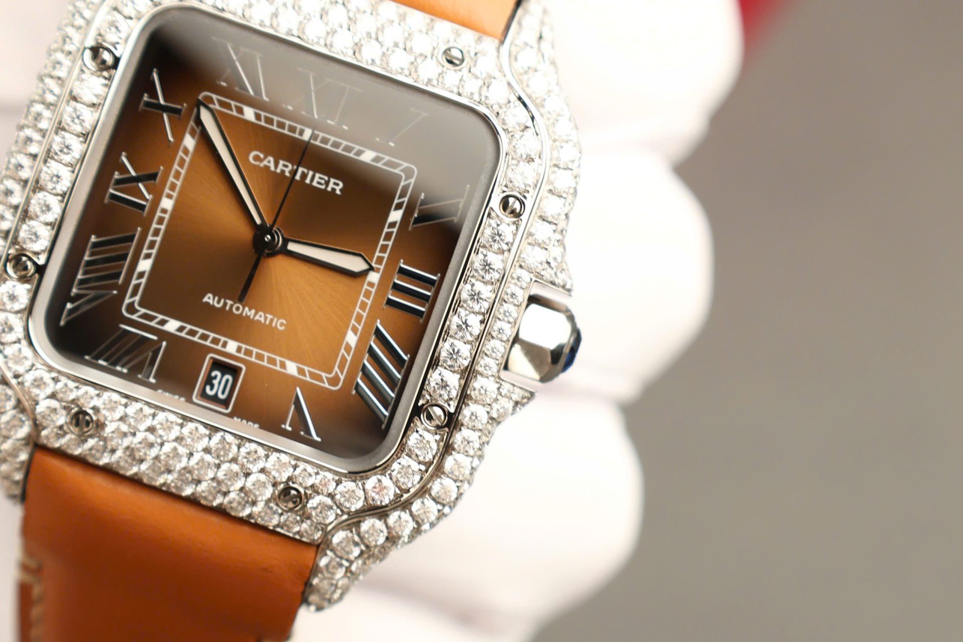 Cartier Santos Dial Brown Replica Watches Custom Diamonds Moissanite BV Factory 39.8mm - Top club
