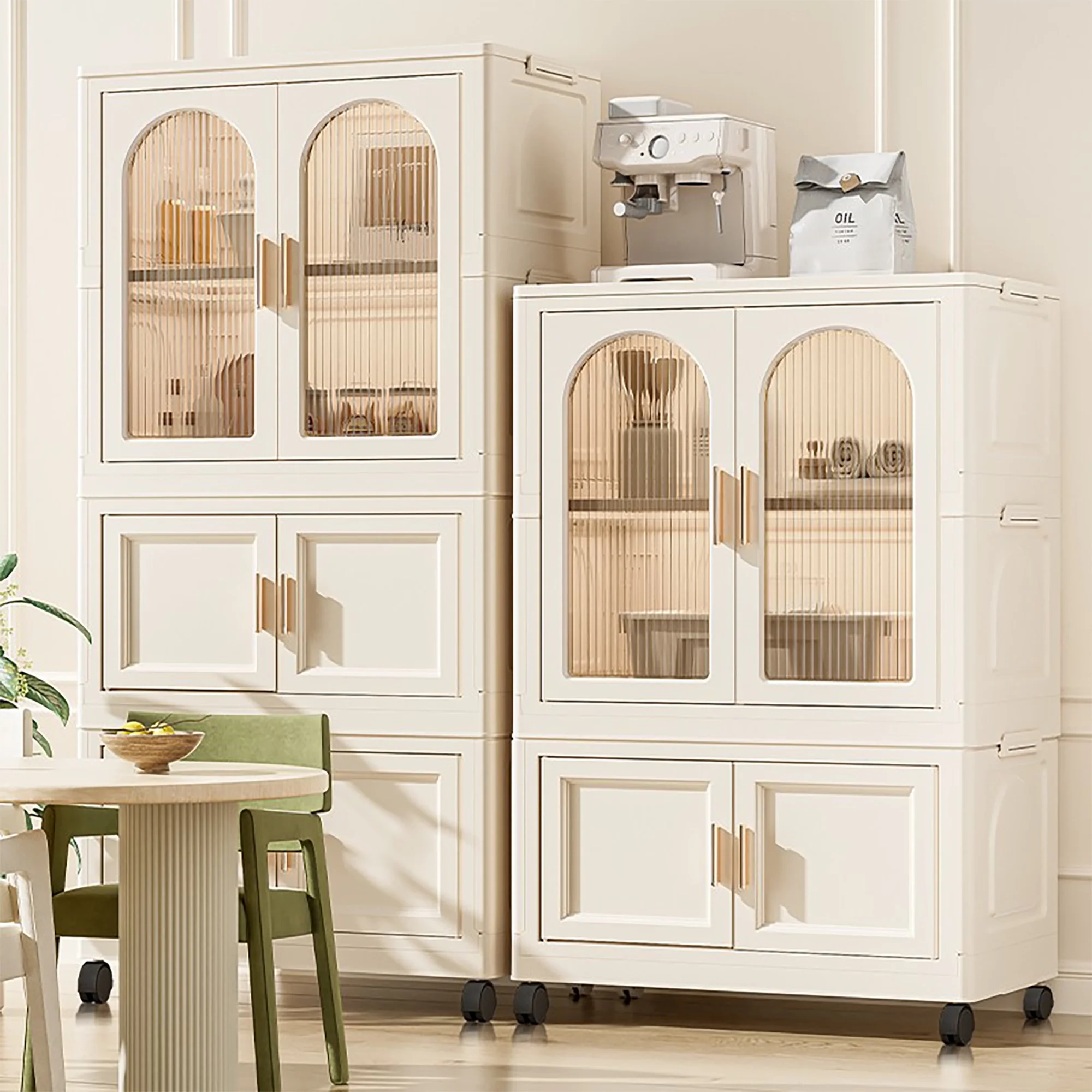 PORKISS Portable Wardrobe Closet, Folding Bedroom Armoire with Wheels, Plastic Storage Basket Can be Freely Combined (1 Layer of Wardrobe + 2 Layers of Folding Boxes+10 Hangers), Cream White-57.09"H - Image 6