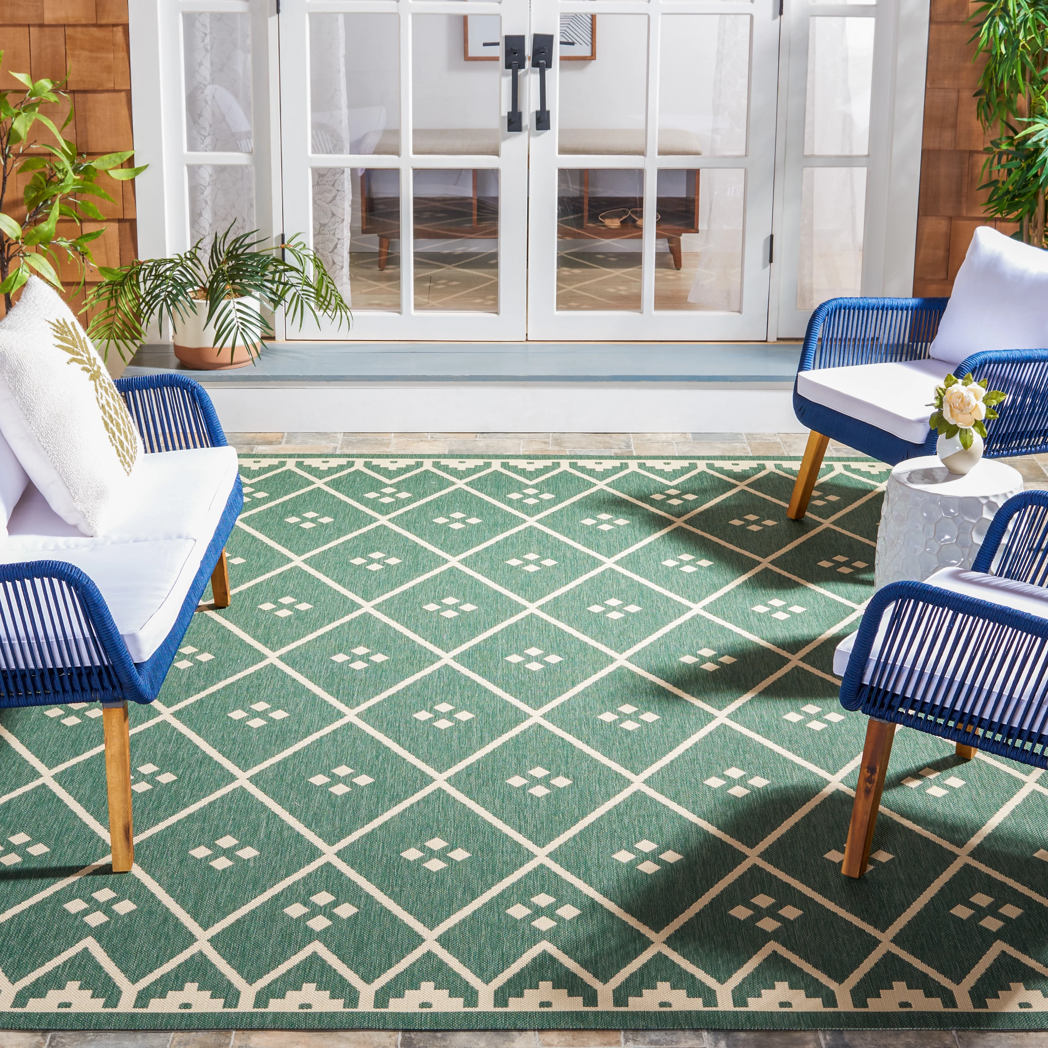 SAFAVIEH Courtyard Cori Bordered Indoor/Outdoor Area Rug, Dark Green/Beige, 9' x 12'