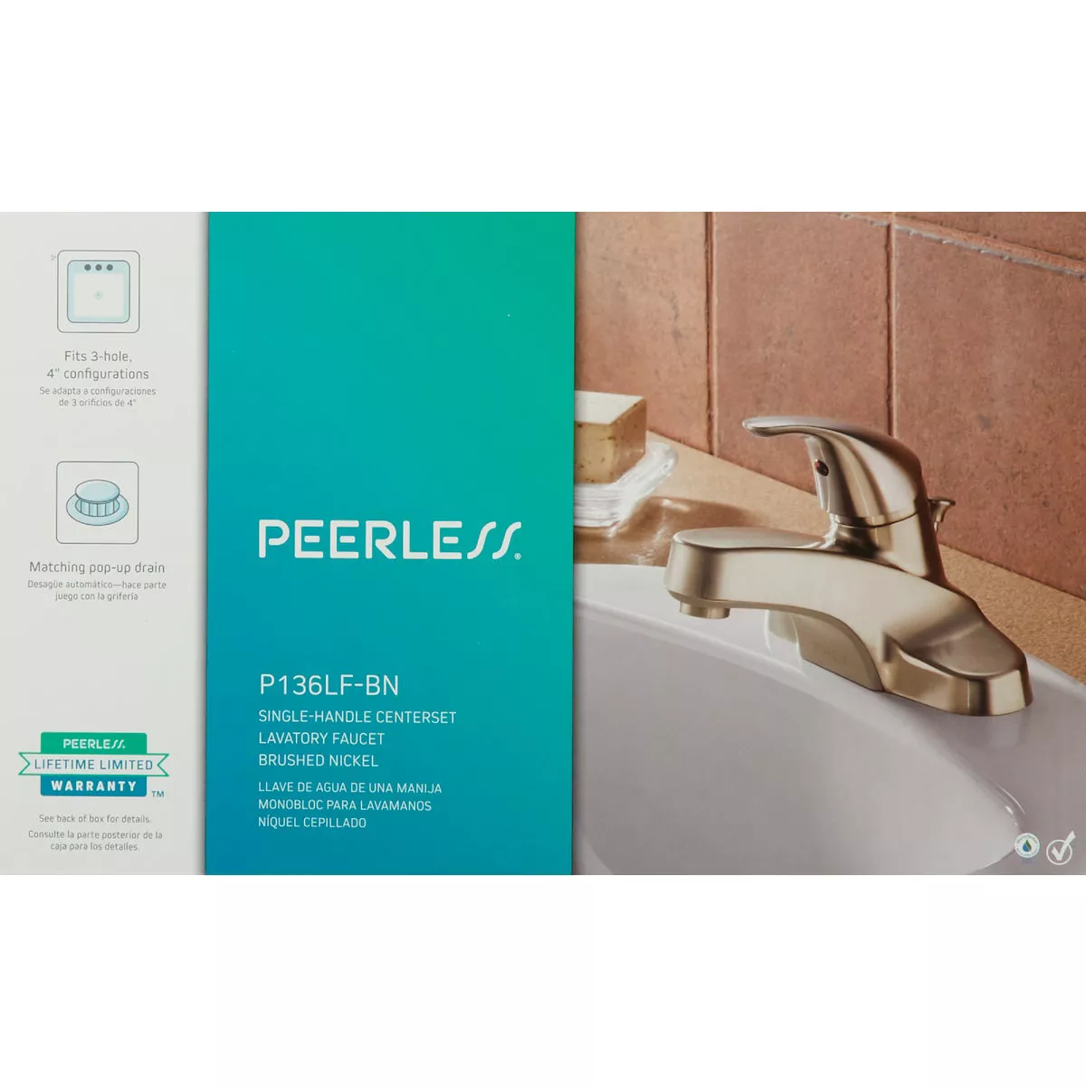 Peerless Brushed Nickel 1-Handle Lever 4 In. Centerset Bathroom Faucet with Pop-Up