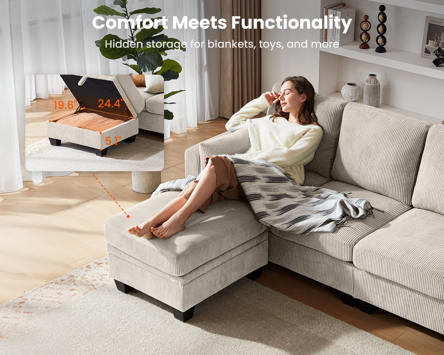 CHIC HOUSE 154.5" Sectional Sofa with Storage Ottoman Chaise, Corduroy U Shaped Sofa Convertible Sectional Couches for Living Room, 12 Seater Corner Modular Sofa with Deep Seat Throw Pillows, Green - Image 21