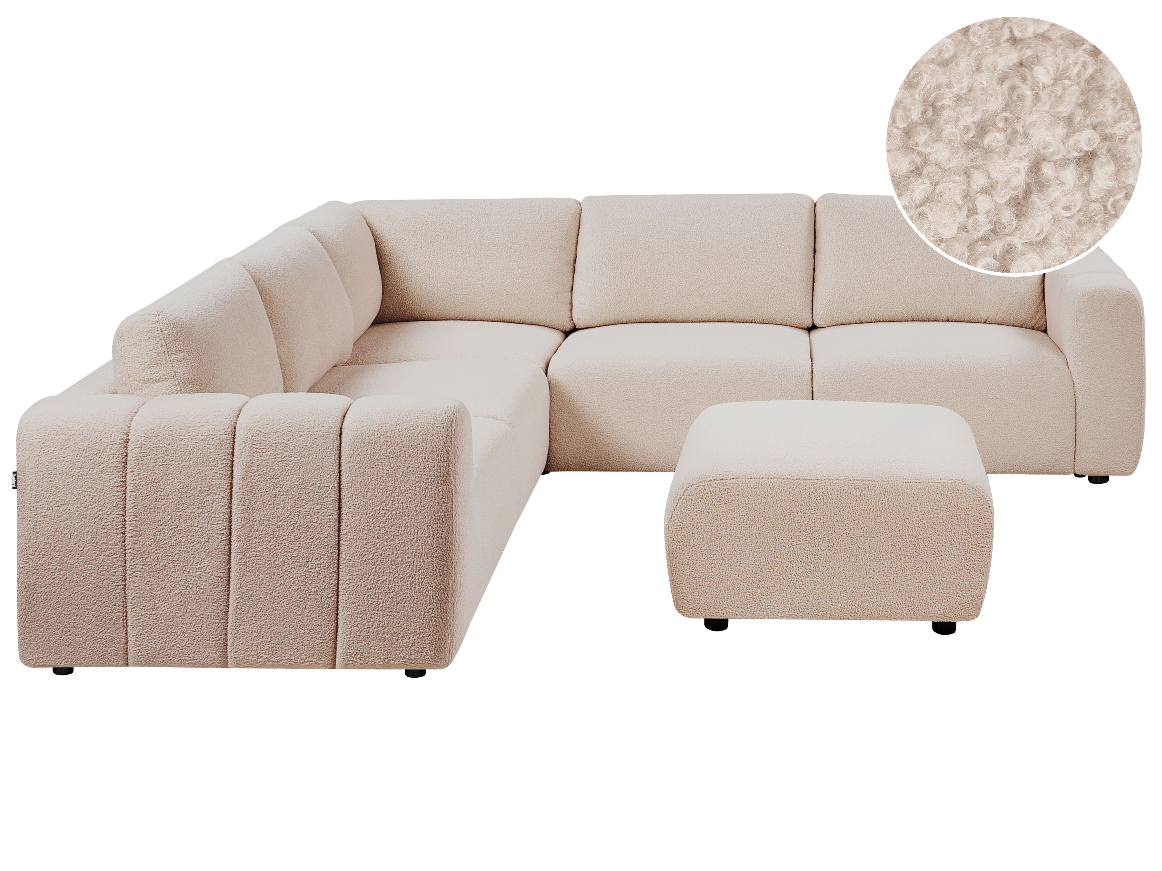 Modular Corner Sofa 5 Seater KIVVIK Boucle Beige with Ottoman Right Hand