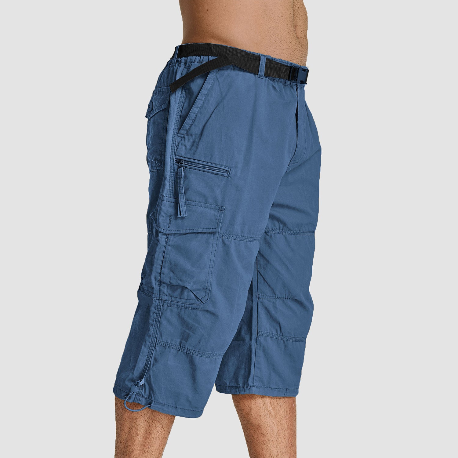 Men Summer Casual 3/4 Long Cargo Shorts Twill Cotton Elastic Waist Multiple Pockets Comfortable Capris Trousers