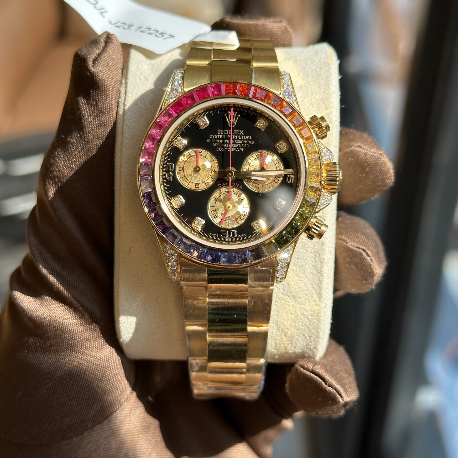 Rolex Replica Watch Daytona Rainbow Yellow Gold Wrapped Moissanite Diamonds TWF 40mm - Elite Watch Atelier
