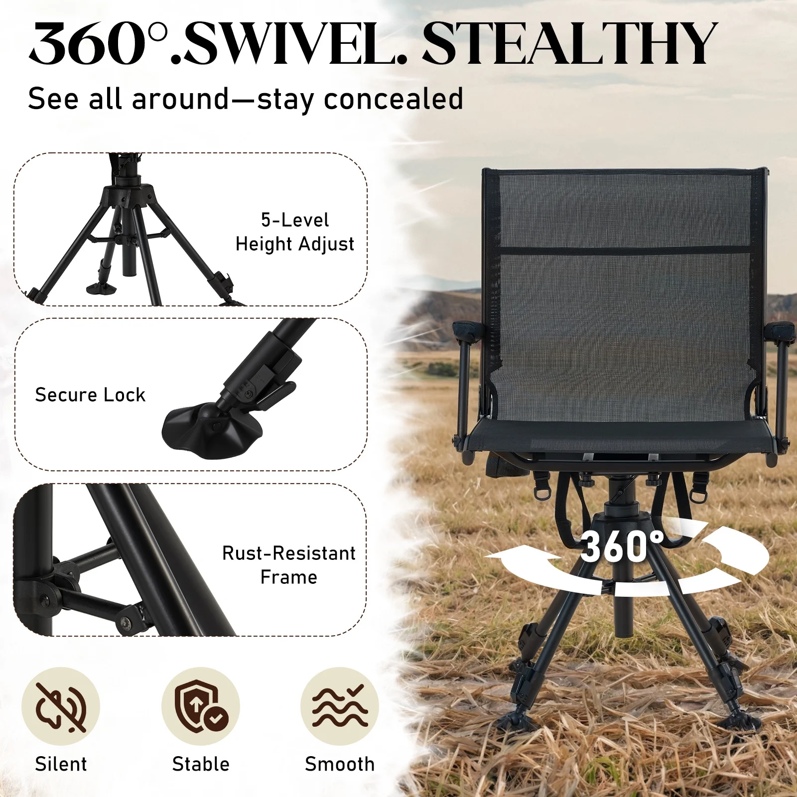 Danrelax 360�� Silent Camo Hunting Blind Chair, Armrests, Side Pouch, Telescopic Legs - Image 20