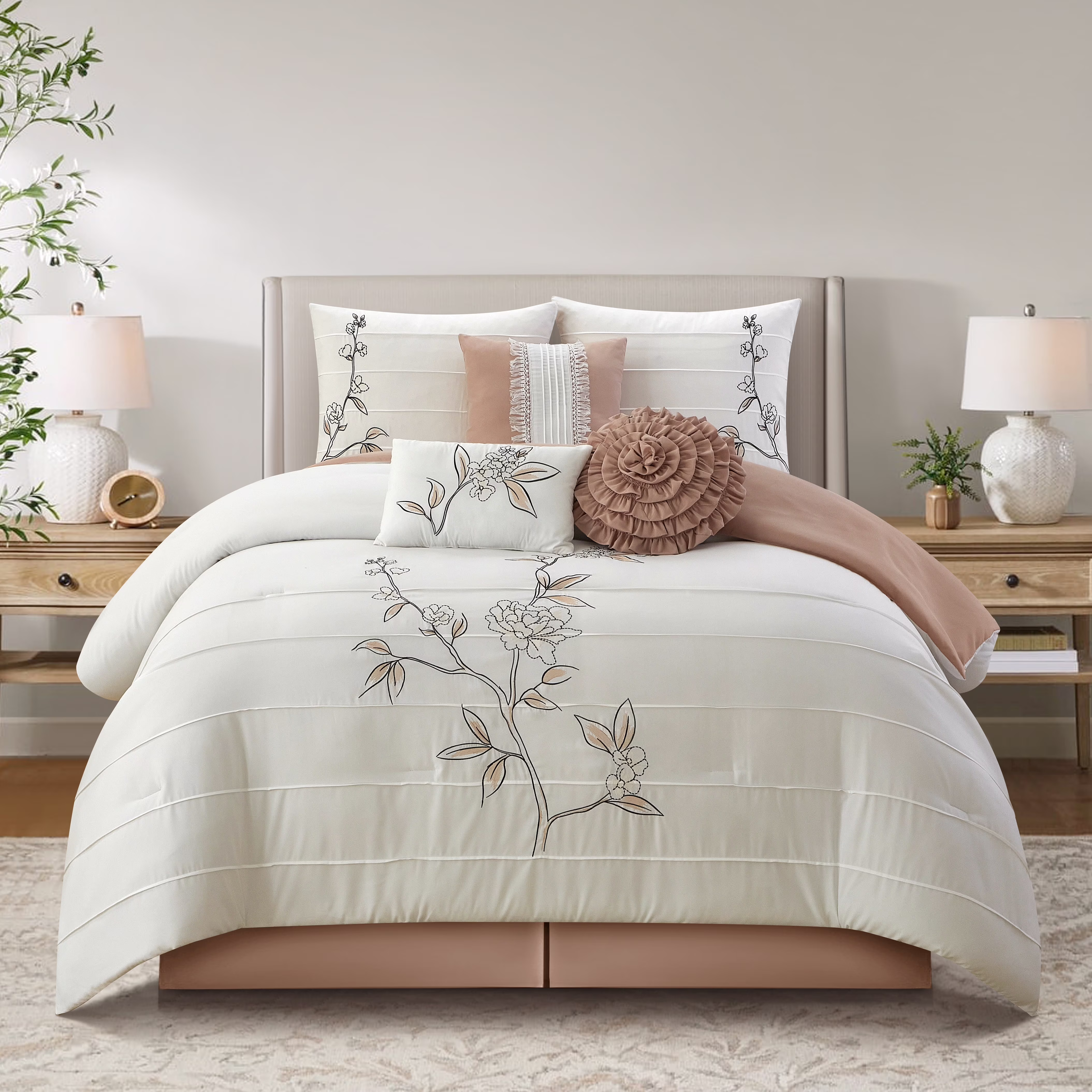 Lanco Blush Floral Queen Comforter Set, 7 Piece, Microfiber Pleating & Embroidery Bedding Sets & Collections