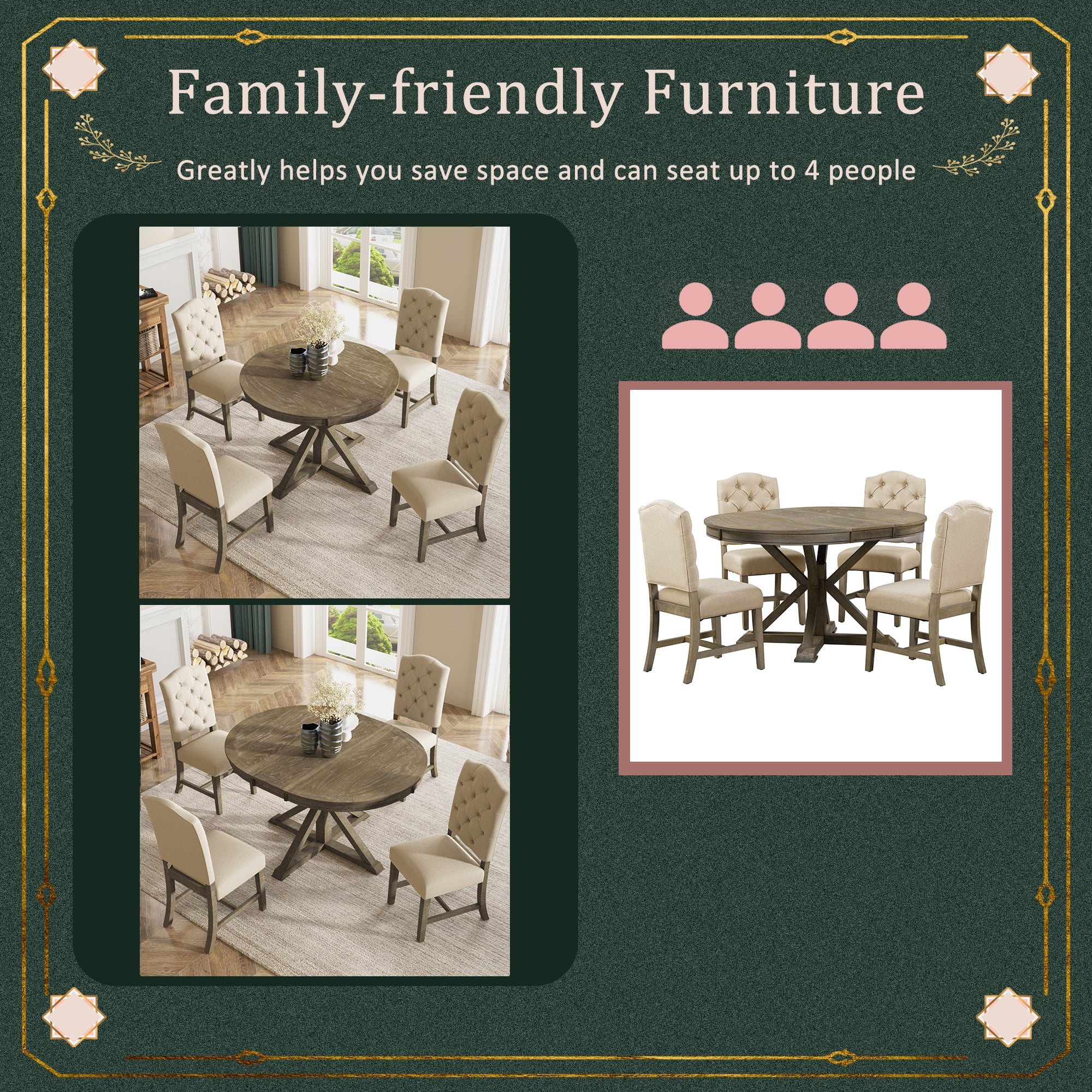 Besthome Farmhouse Extendable Round Kitchen Dining Room Table Set with Upholstered Chairs of 4, 5 Piece Round Dining Table Set with Extendable Table, Espresso - Image 17