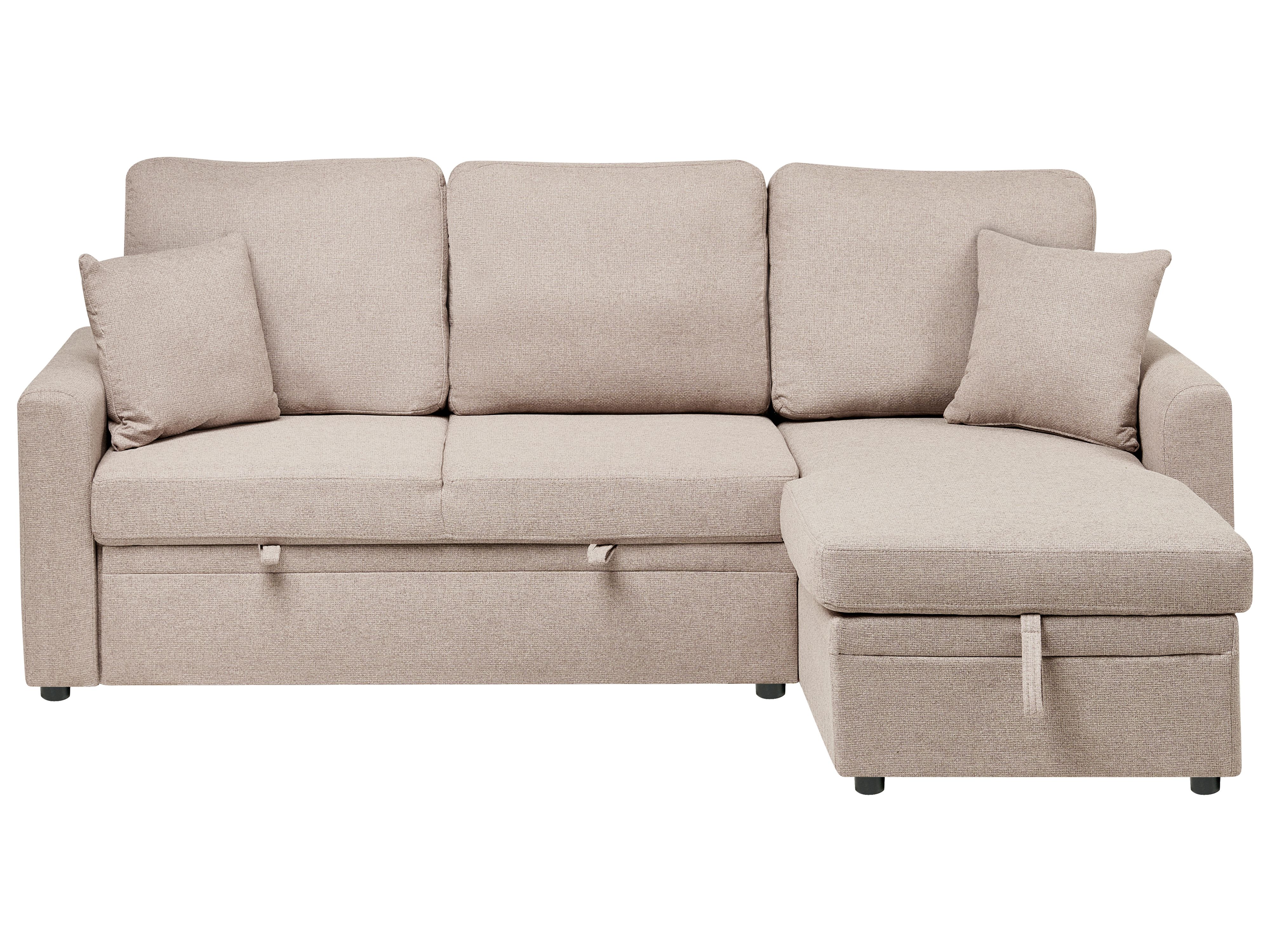 Corner Sofa Bed 3 Seater NASSJO Faux Linen Light Brown with Storage Left Hand