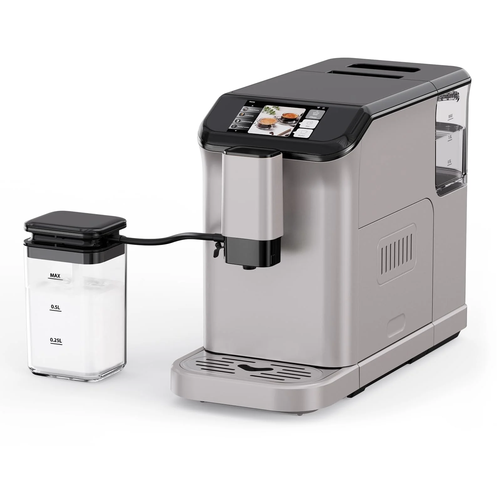 TROPOW Fully Automatic Espresso Machine, Automatic Milk Frother, Coffee Machine with Intuitive Touch Display for Latte, Cappuccino, Iced Coffee, Built-in Grinder, 1.5L Water Tank, for Home Office