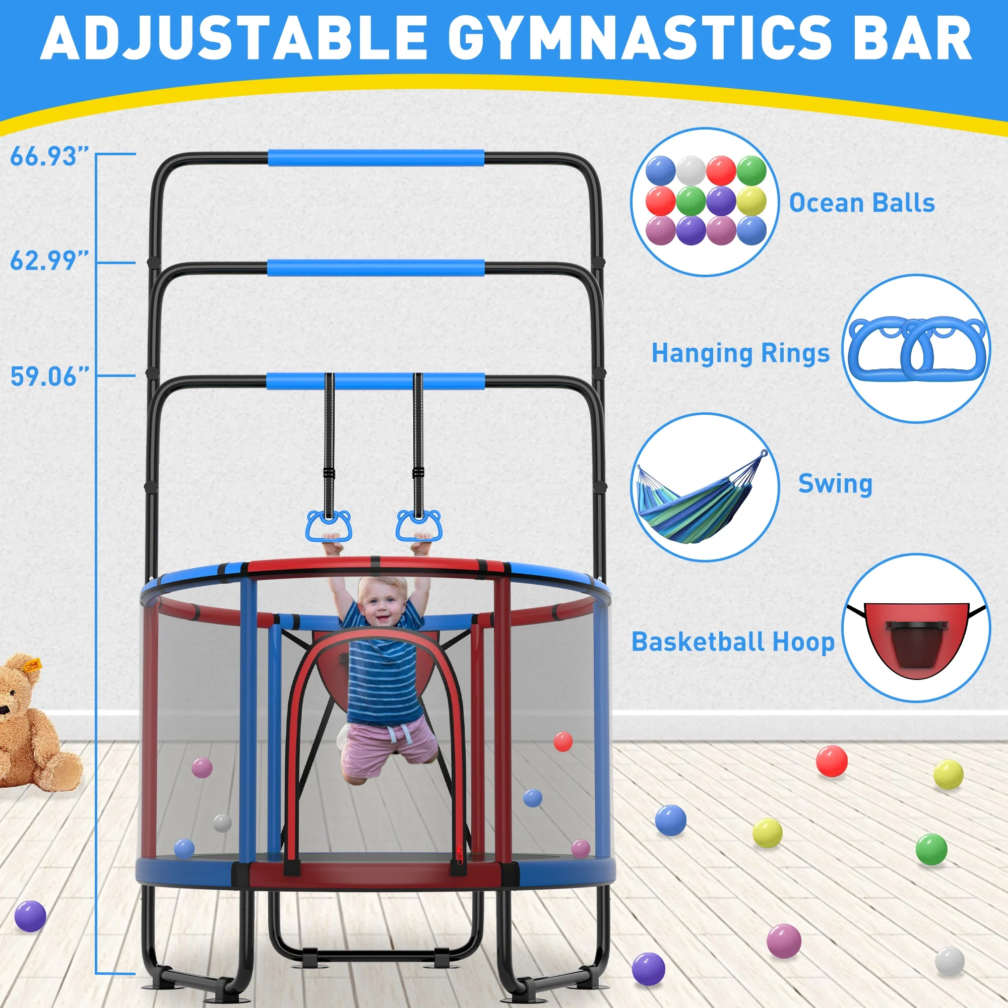 CITYLE Trampoline for Kids 600LBS 60'' 5FT Toddler Trampoline Indoor Outdoor with Basketball Hoop, Swing, Adjustable Bar, Mini Small Trampoline with Enclosure, Gifts for Toddlers, Boys & Girls - Image 25