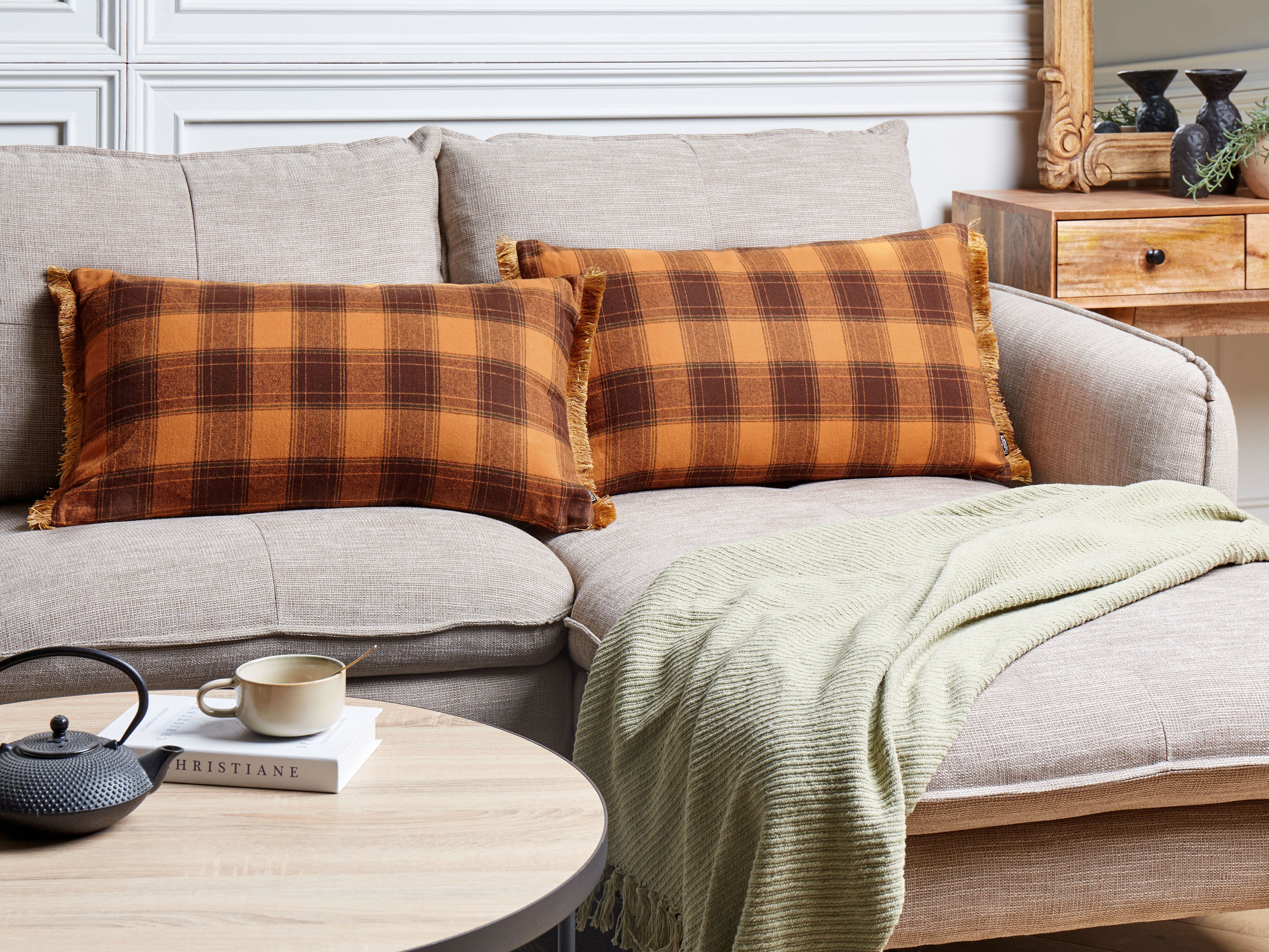 Set of 2 Decorative Cushions BARJA 40 x 70 cm Orange Checked