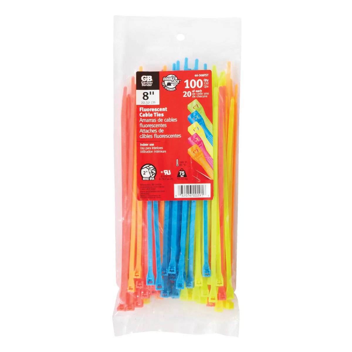 Gardner Bender DoubleLock 8 In. x 0.17 In. Neon Colors Nylon Cable Tie (100-Pack)