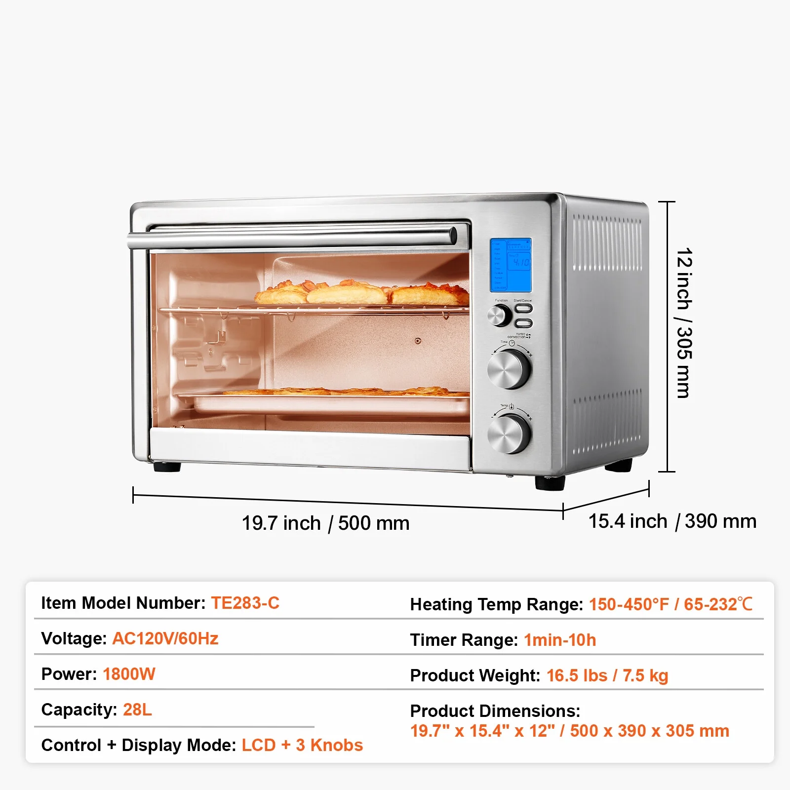XYTREW Countertop Convection Oven 28L Toaster Baker Bread 10-IN-1 1800W for Home Use