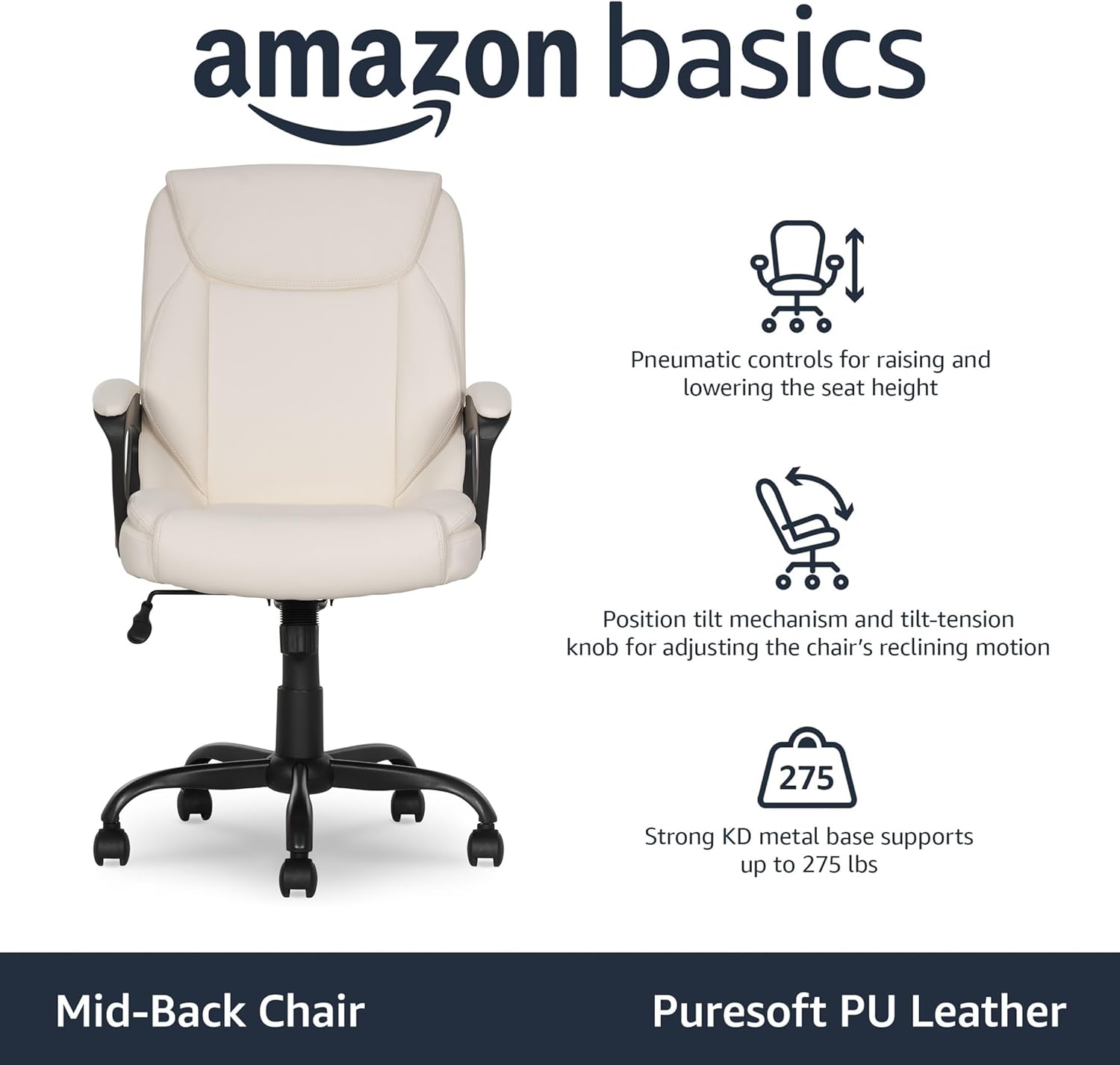 Amazon Basics Classic Puresoft PU Padded Mid-Back Office Chair with Armrest, Height Adjustable, Easy to Assemble, 26