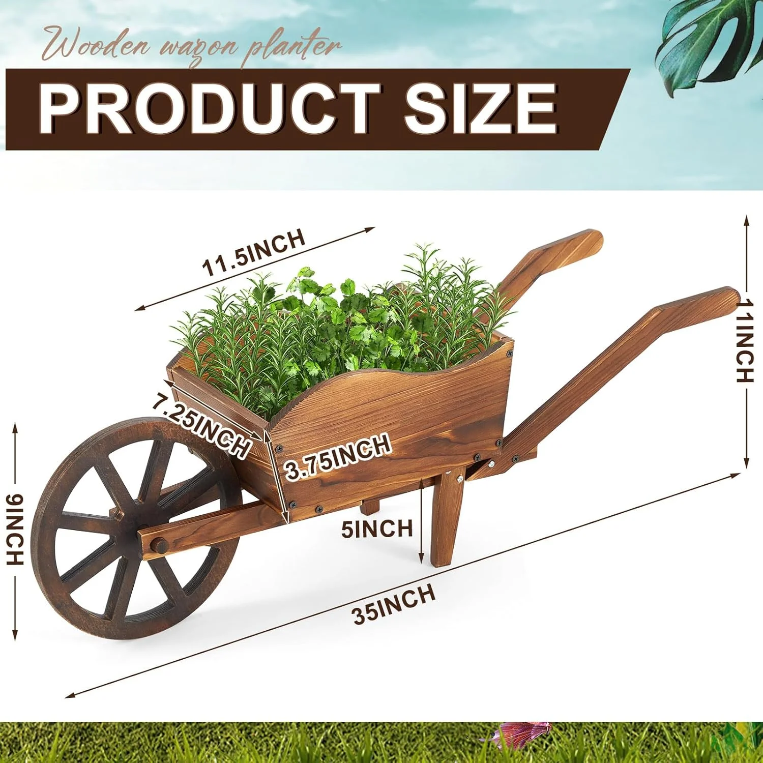 Wooden Wagon Planter Box, Garden Planter with Wagon Wheels, Flower Cart for Patio Garden Balcony, Decorative Patio Flowers Herbs Vegetables for Indoor Outdoor Decor, Brown(Rustic)