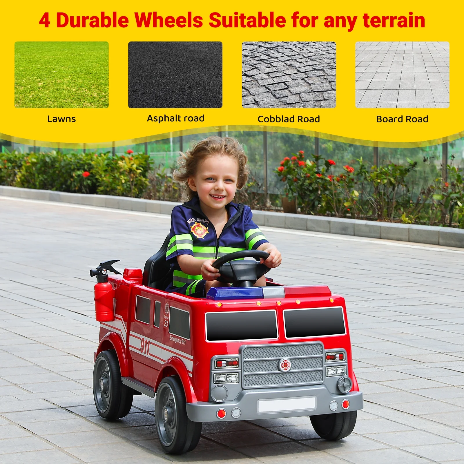 Bobiber Ride on Fire Truck, 12V Battery Powered Ride-On Toy Vehicle with Remote Control, Megaphone, Flashing Lights, Siren and Fire Extinguisher - For Boys and Girls Ages 3-6 - Image 2
