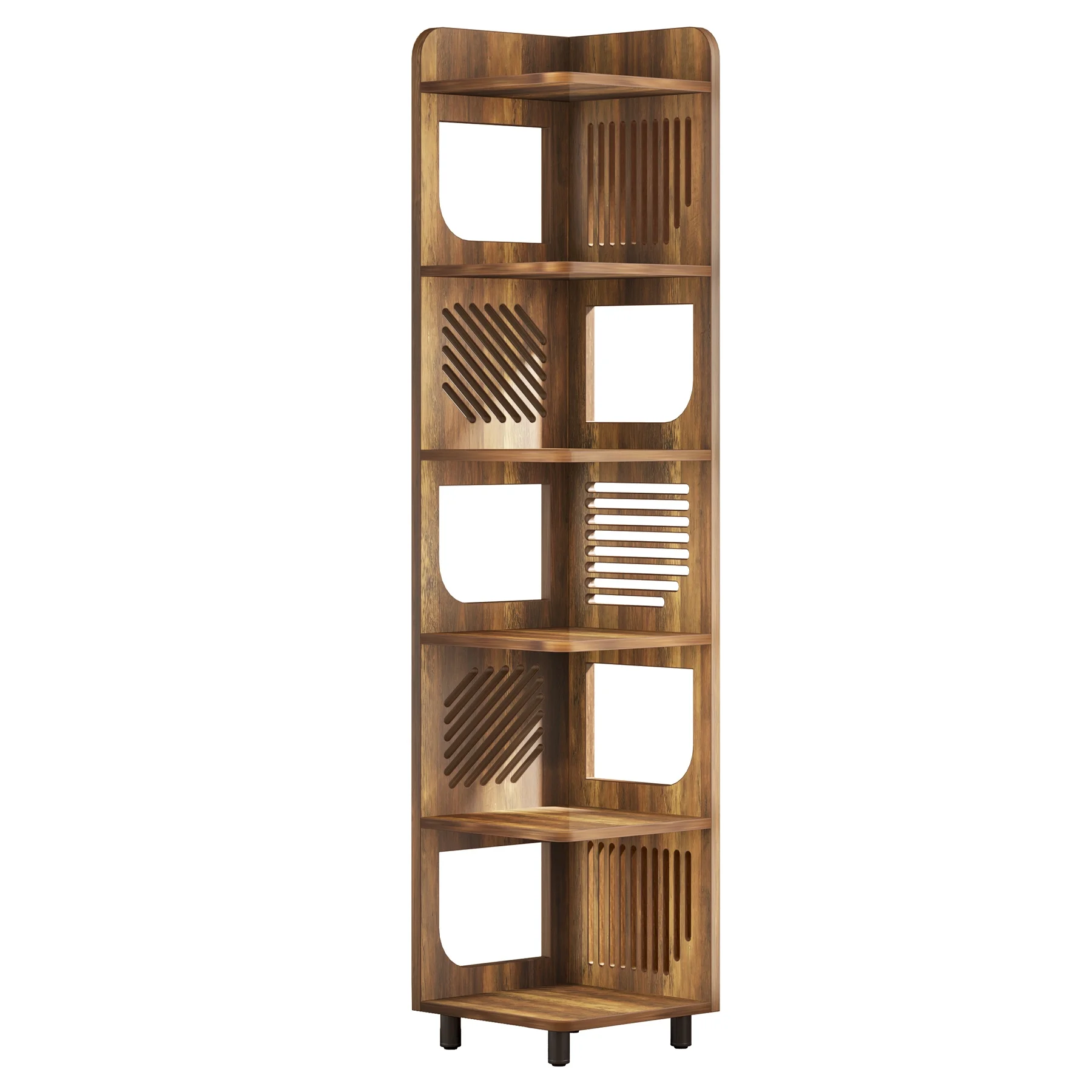 Fnova 71" 6-Tier Tall Corner Bookshelf, Rustic Wooden Narrow Corner Bookcase with Artistic Square Rack, Freestanding Display Storage Shelf for Space-Saving Home Organizing - Image 18