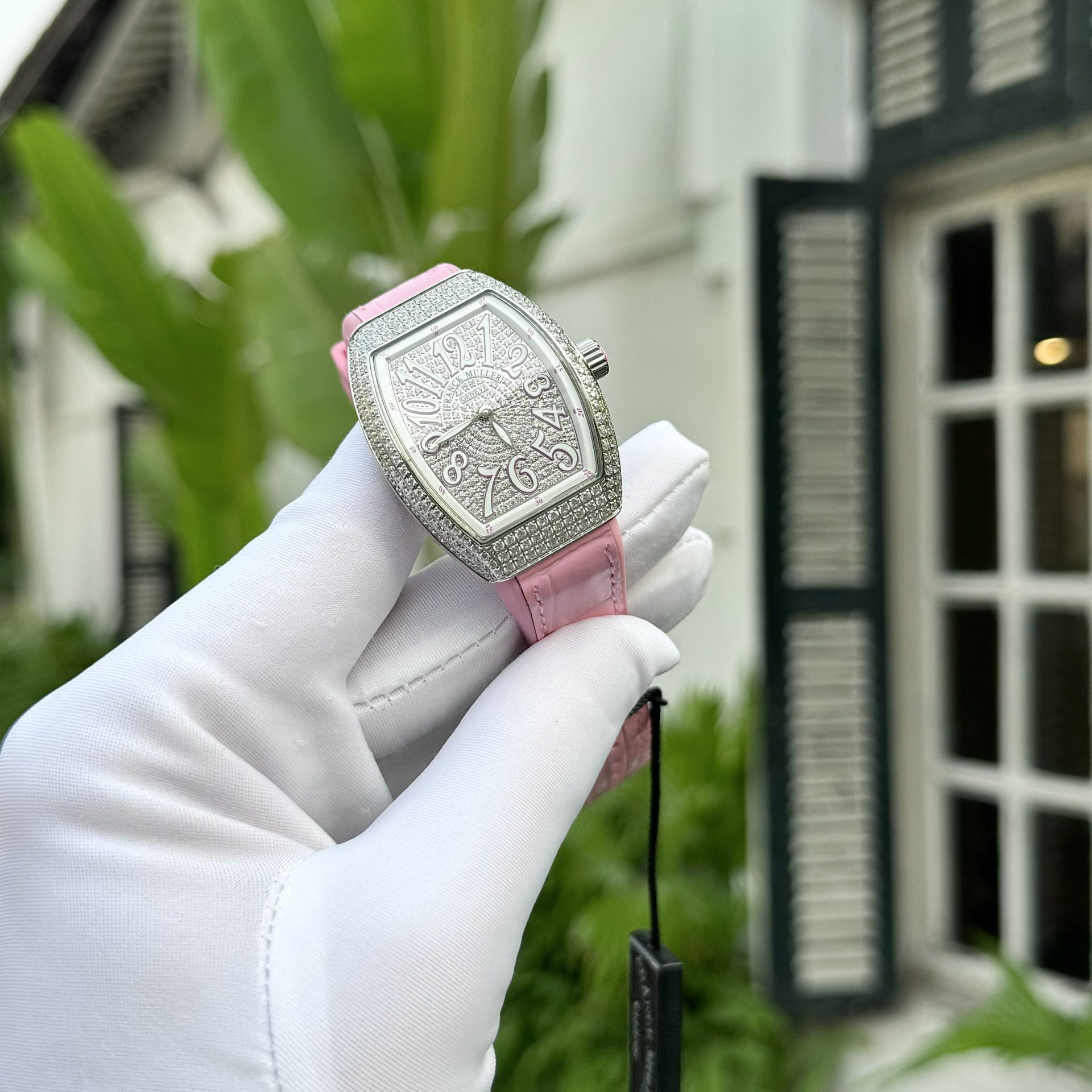 Franck Muller Replica 1:1 Watch V32 With Full Diamonds Pink Rubber Strap ABF Factory 32x40mm - Top club