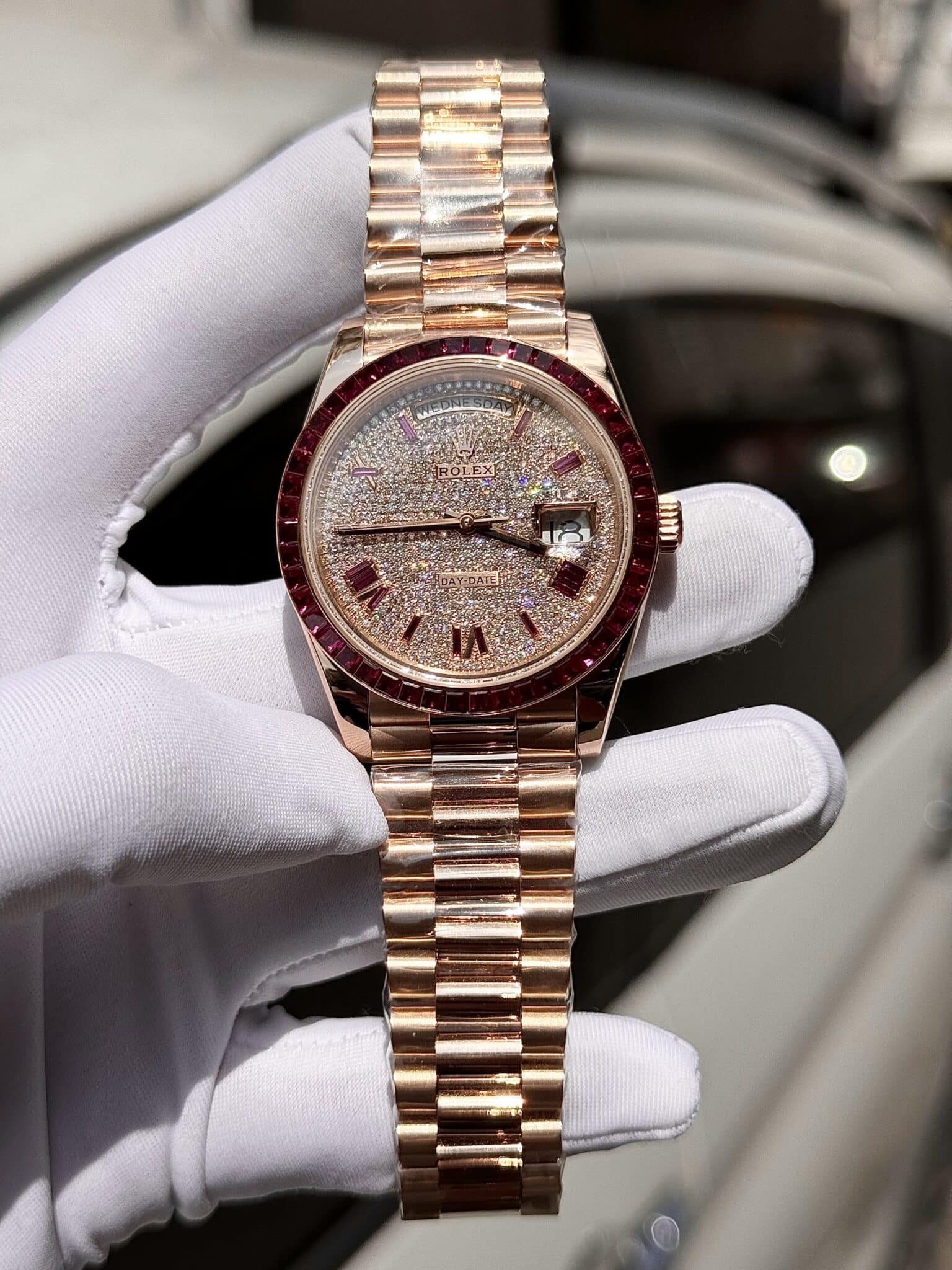 Rolex Best Replica Watch Day-Date Custom Ruby Red   Baguette Moissanite Diamonds GM Factory 40mm - Elite Watch Atelier