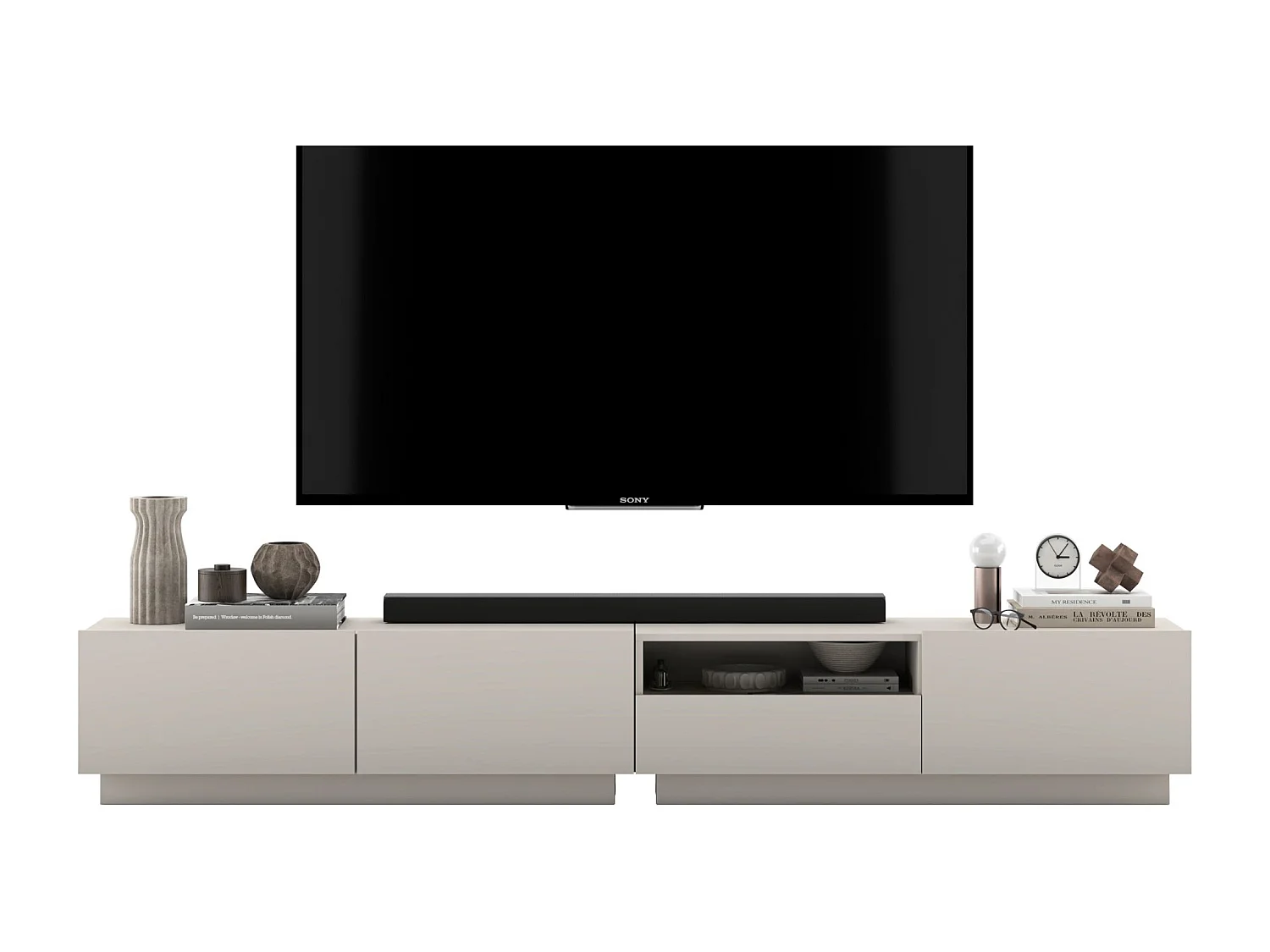 Meuble TV avec 3 portes et niche, tiroir - corps Cachemire mat, façades Cachemire mat - 240 cm, sur socle