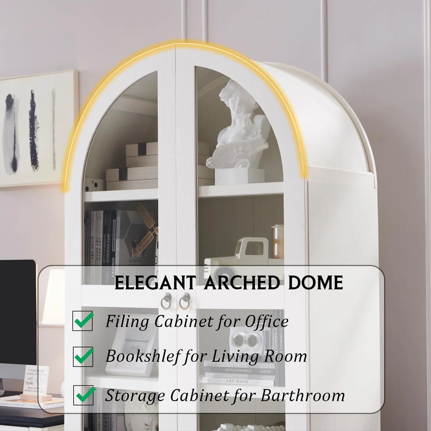IFGET 71-Inch Arched 4-Tier Bookcase with Glass Doors and Drawers - Image 8