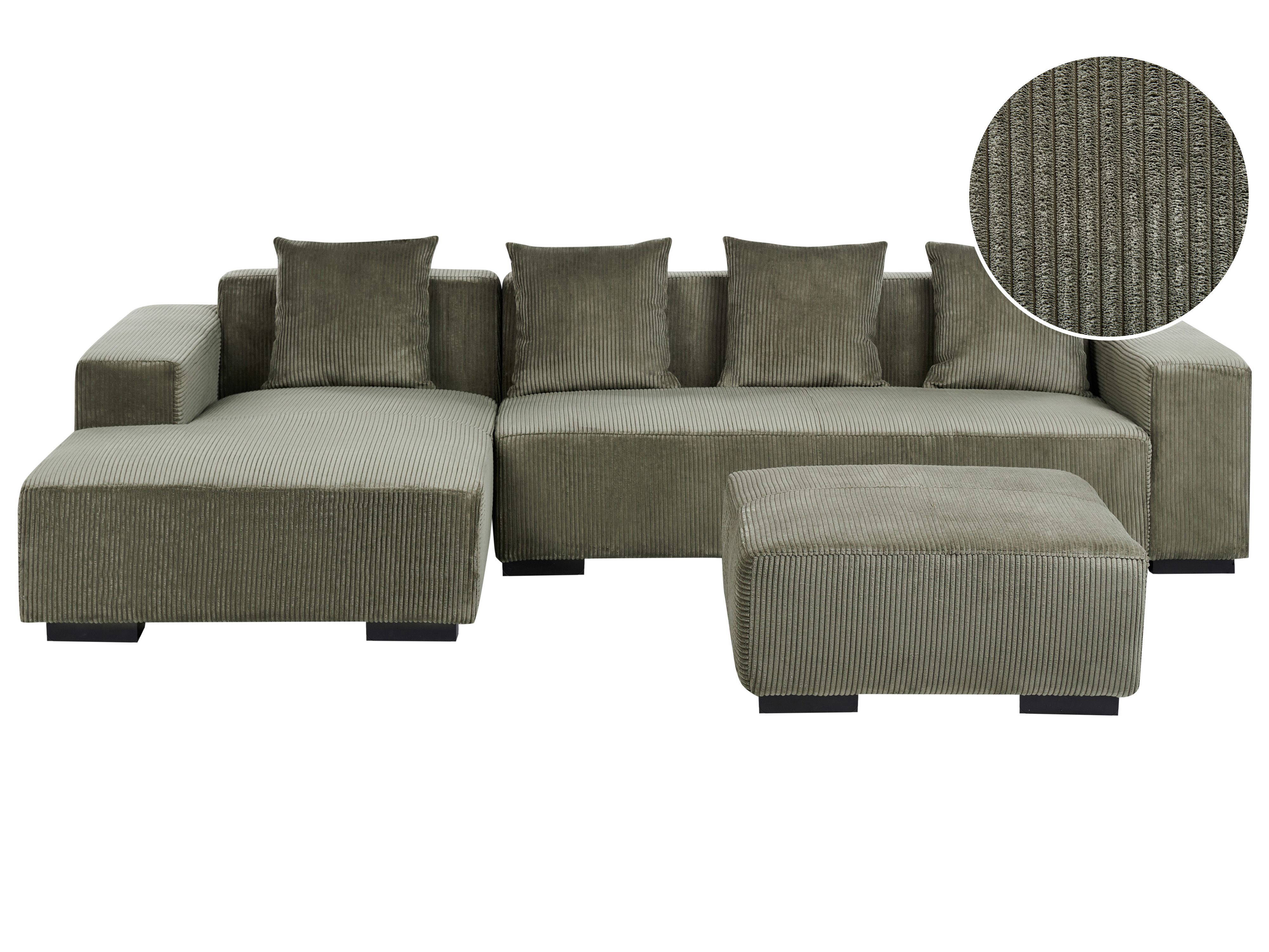 Corner Sofa 4 Seater LUNGO Corduroy Green with Ottoman Right Hand
