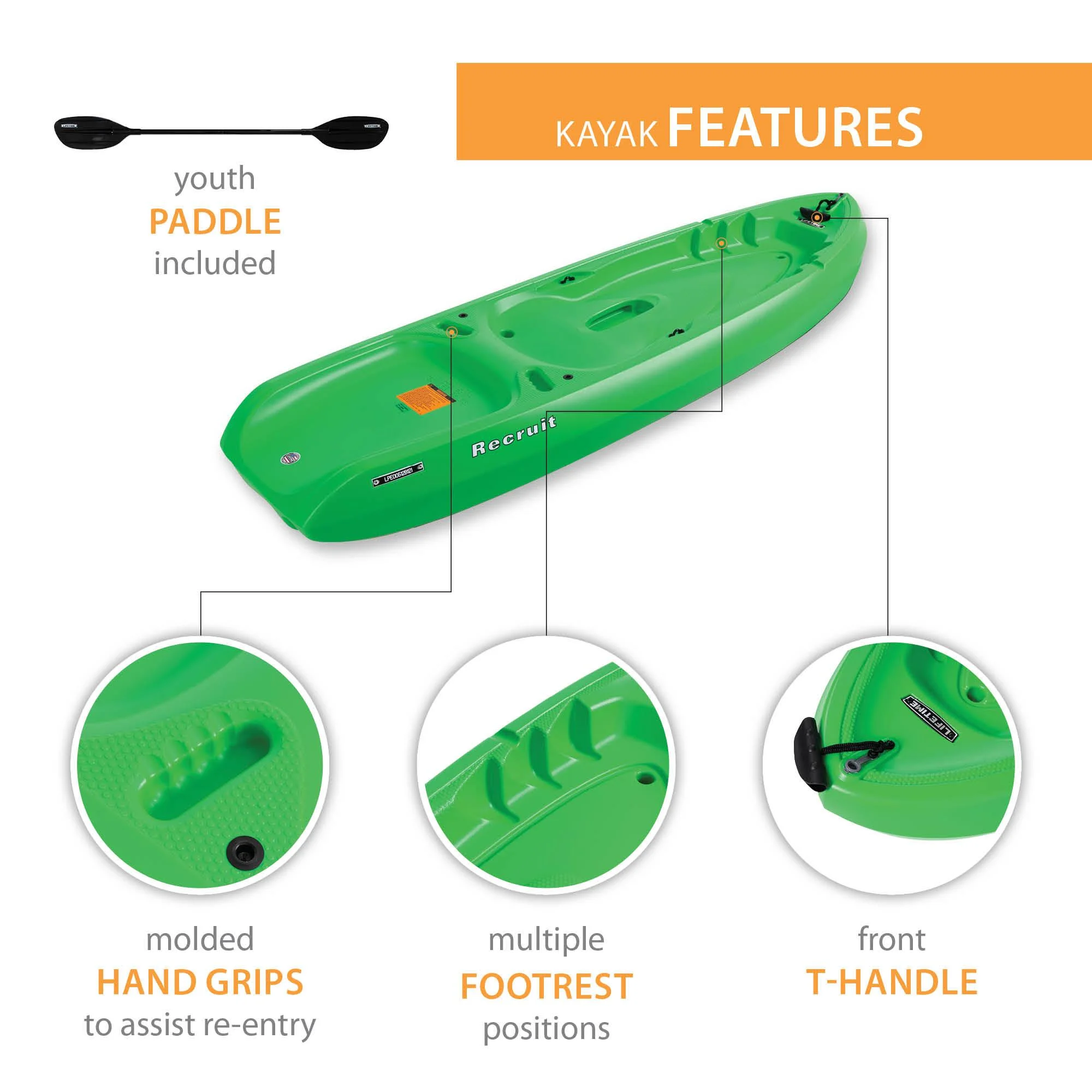 Lifetime Recruit 6.5 ft Youth Sit-on-Top Kayak, Lime Green (90765) - Image 21