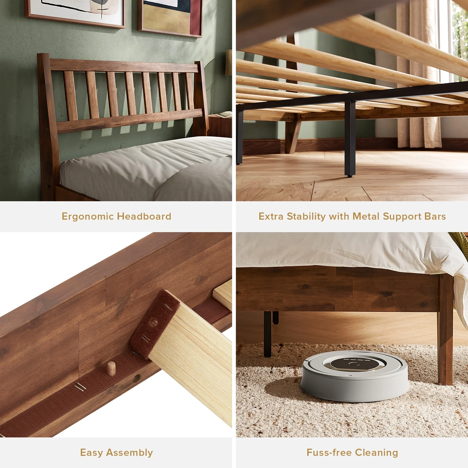 Mopio Ted Queen Bed Frame with Headboard, Full Size Bed Frame, Mid Century Modern Acacia Solid Wood Platform Bed Frame, Wooden Bed Slats, No Box Spring Needed, Double Metal Bar Support, Walnut - Image 13