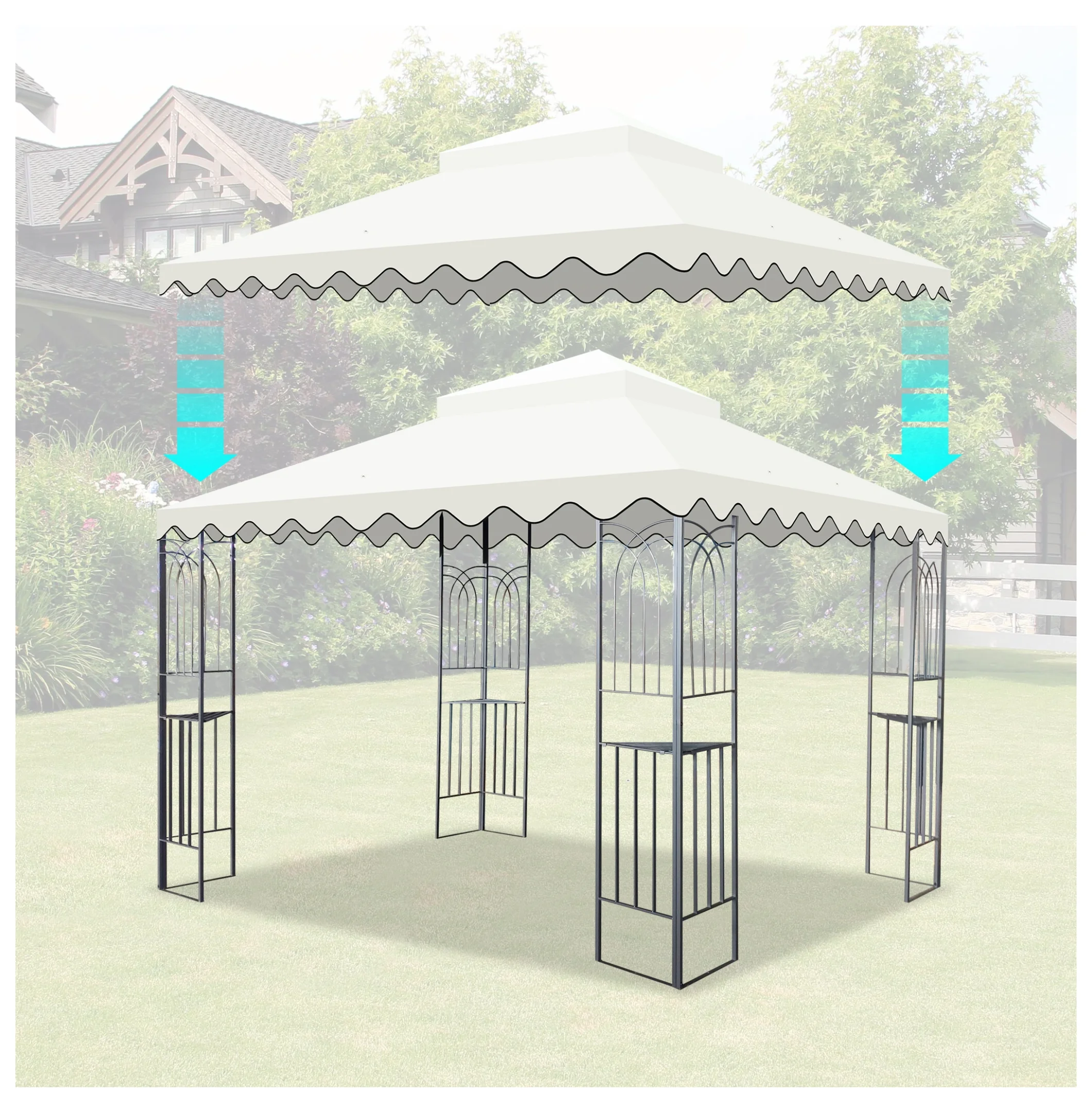 10x10 Ft Outdoor Patio Gazebo Replacement Canopy,Double Tiered Gazebo Tent Roof Top Cover Only wavy border(Frame Not Include)-Beige