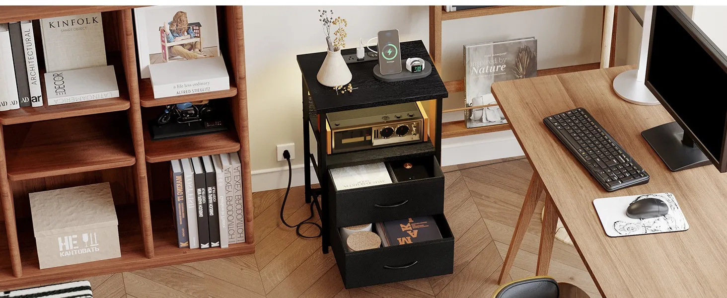Fixwal Modern Black LED Nightstand Beside Desk and Bookcase