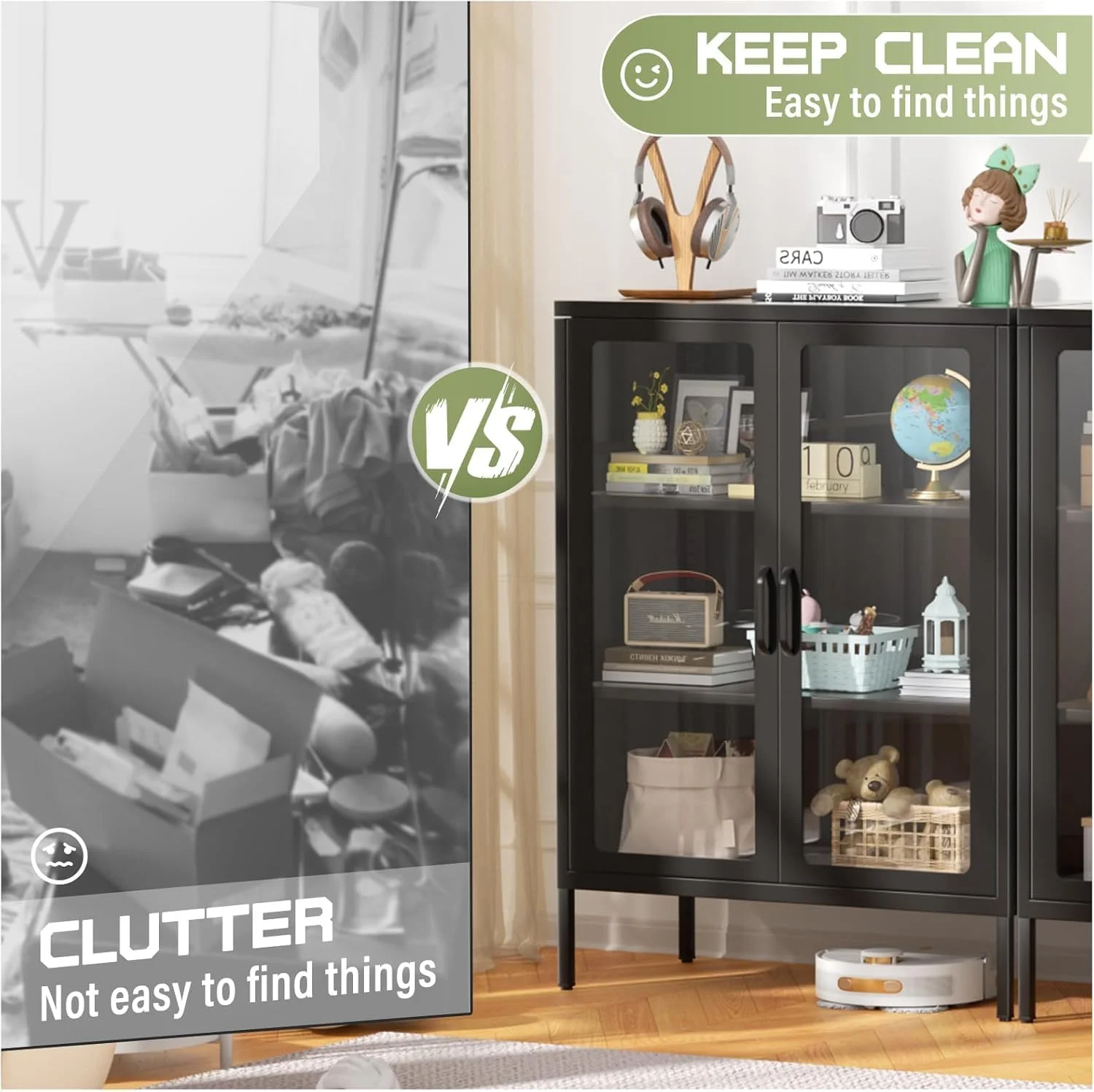 SUNCROWN Metal Storage Cabinet, Curio Display Cabinet with 2 Glass Display Door and 4 Shelves, Side Storage Organize, Modern Bookshelf Cabinet for livingroom, Bedroom, Kitchen, Black - Image 25