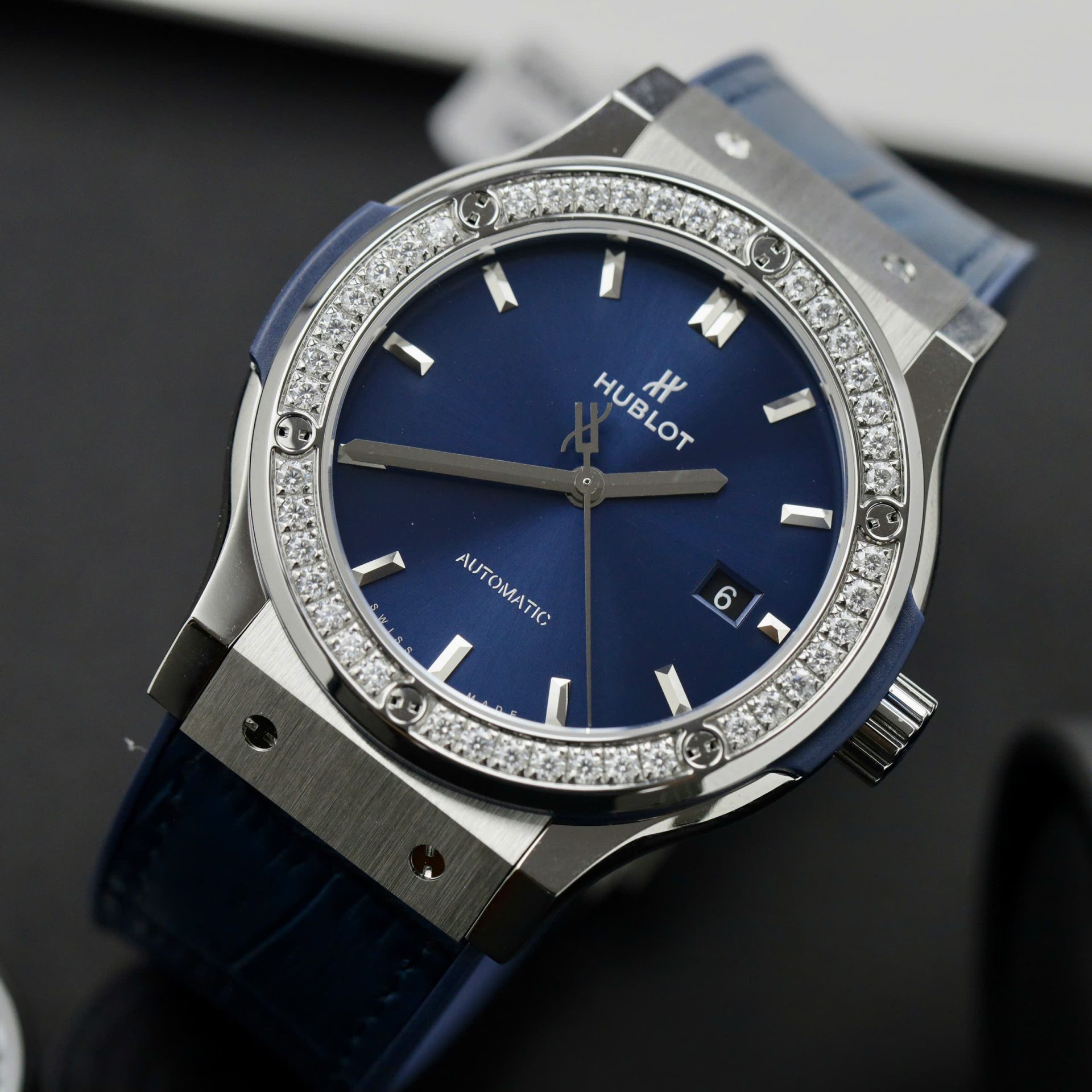 Hublot Classic Fusion Titanium Replica Watches Blue Dial Custom Moissanite Diamonds 42mm - Top club