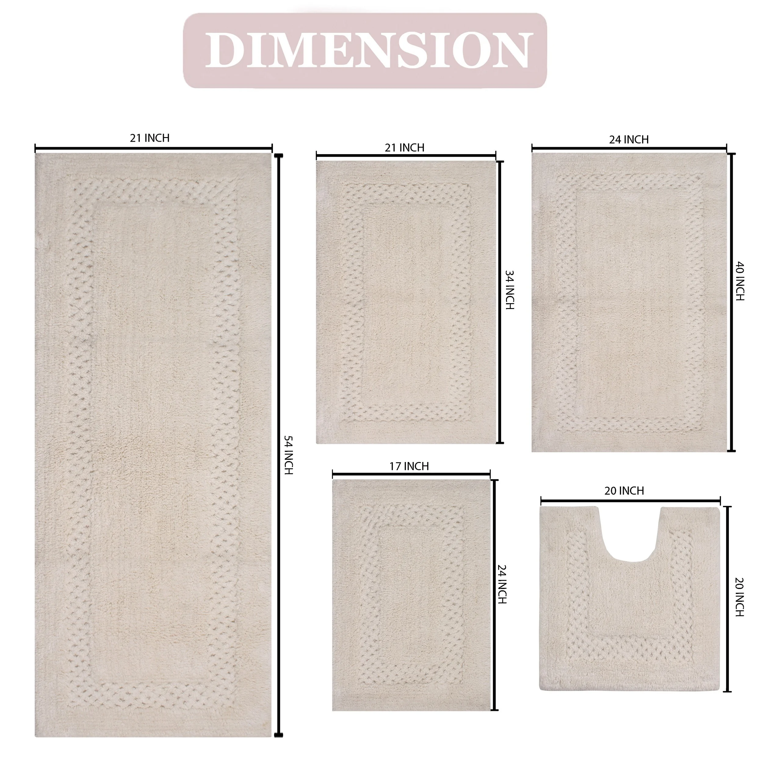 Home Weavers Inc Classy Bathmat Collection 100% Cotton Non-Slip Bathroom Rug Set, Machine Washable Bath Rug, 5 Piece Bath Mat Set with Contour Ivory