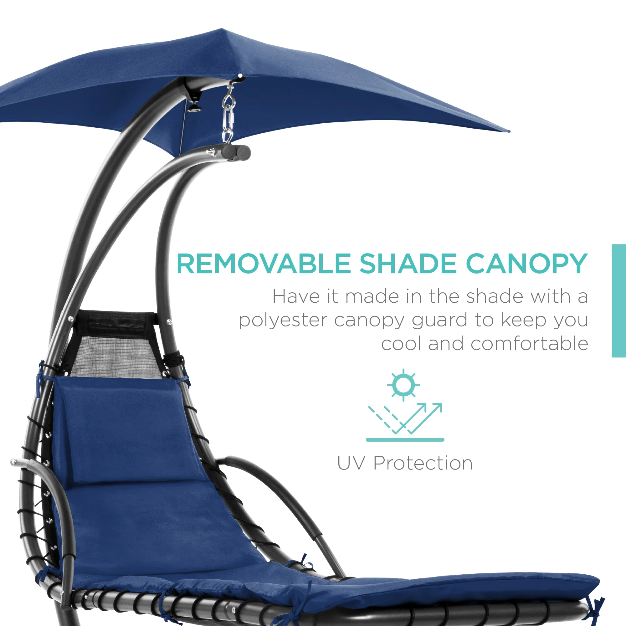 Best Choice Products Hanging Curved Chaise Lounge Chair Swing for Backyard, Patio w/ Pillow, Shade, Stand - Teal - Image 100