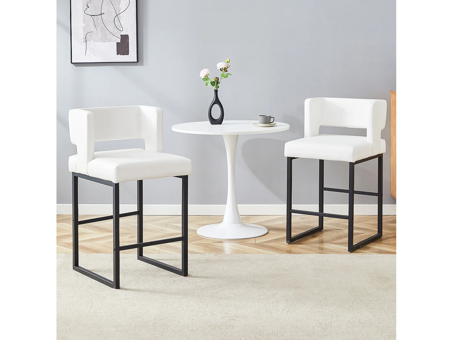 Lot de 2 tabourets de bar en PU blanc avec pieds en métal noir - Design nordique