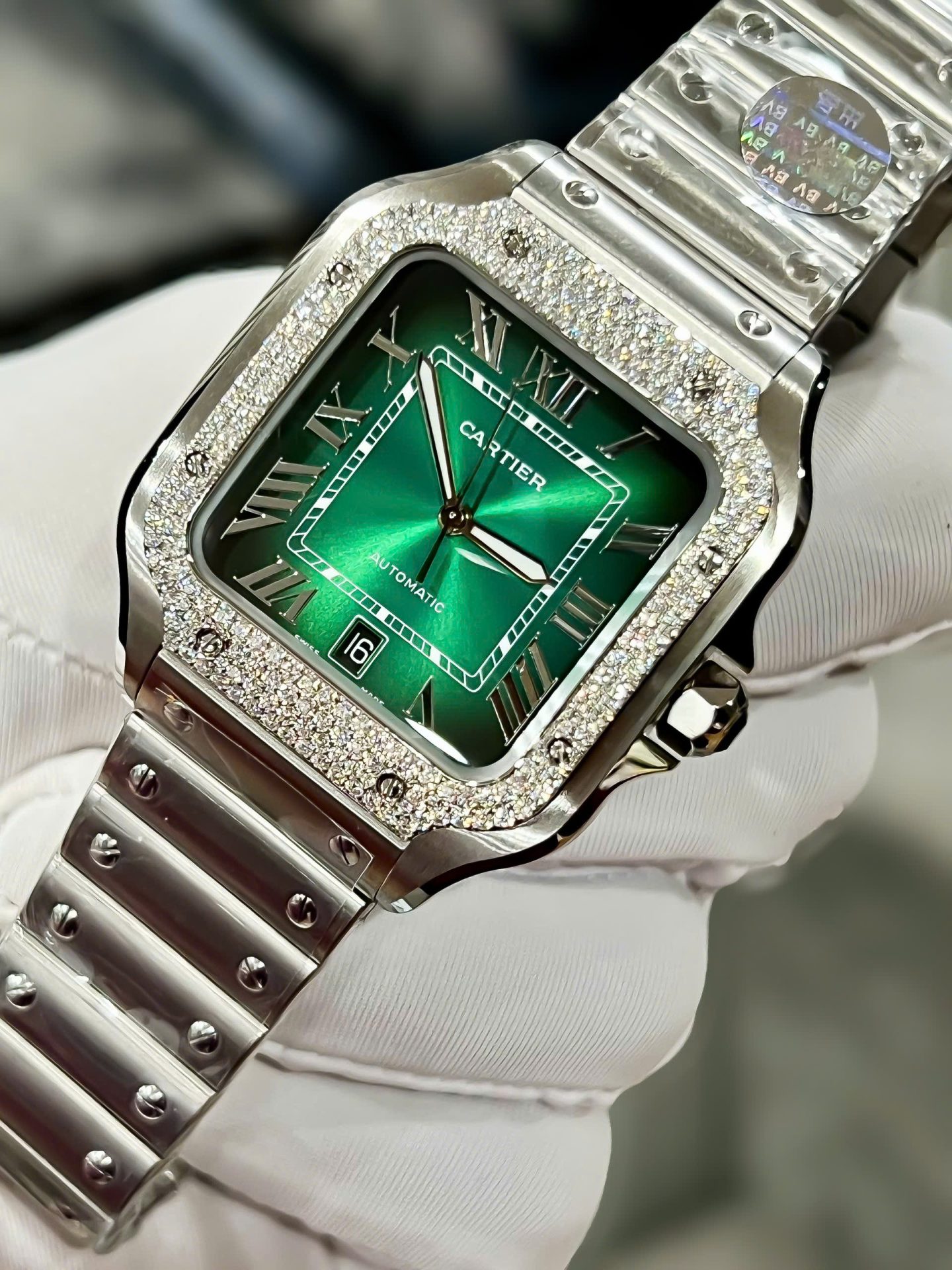Cartier Santos Replica Watch Custom Moissanite Diamonds Dial Green BV Factory 39.8mm - Top club