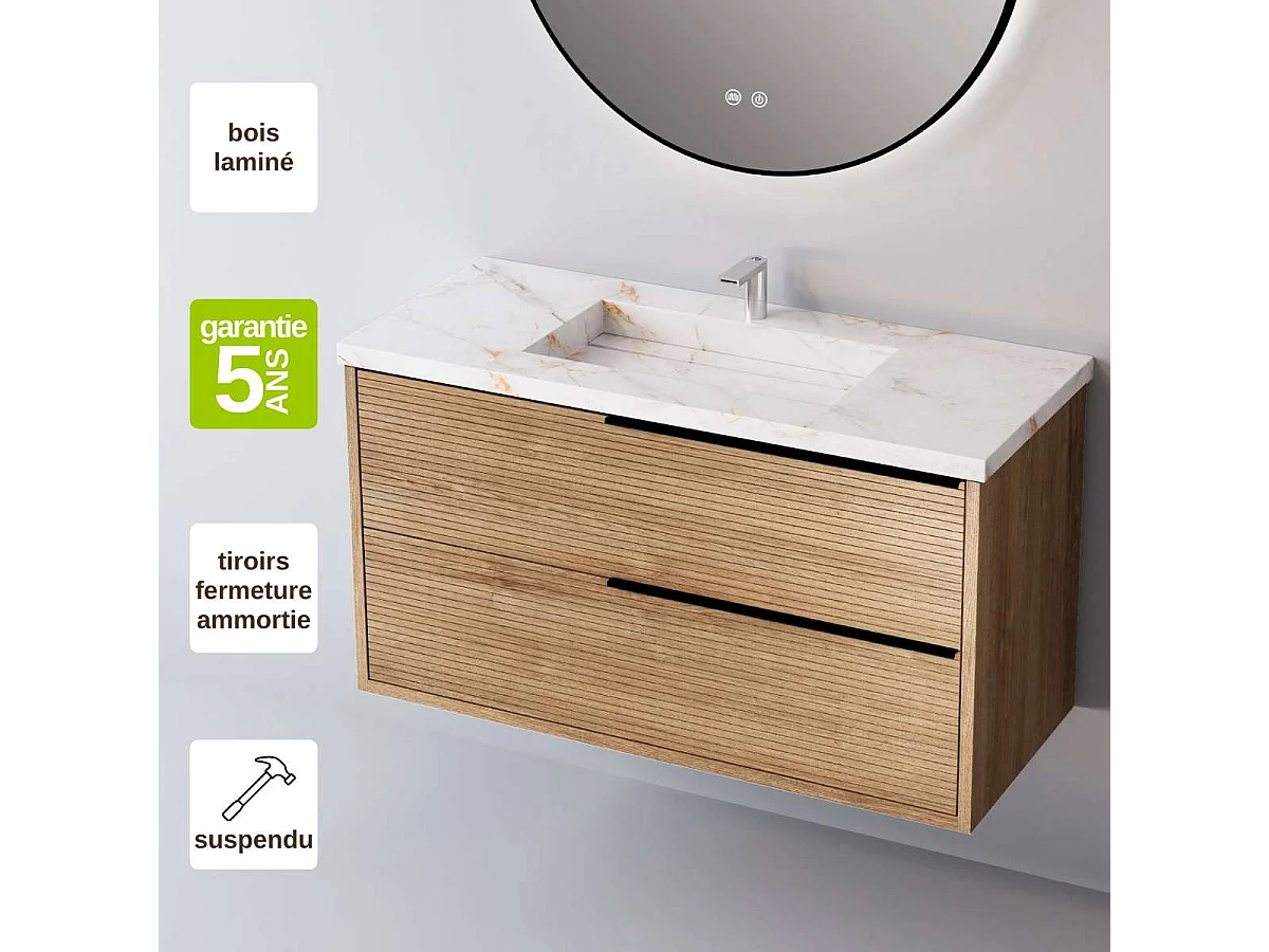 Meuble Salle de Bain LISTELLO 80cm, Plan Vasque Grès Cérame, 2 Tiroirs Impression 3D Poignée Noir, Finition Chêne Naturel, H 54cm x P 45cm