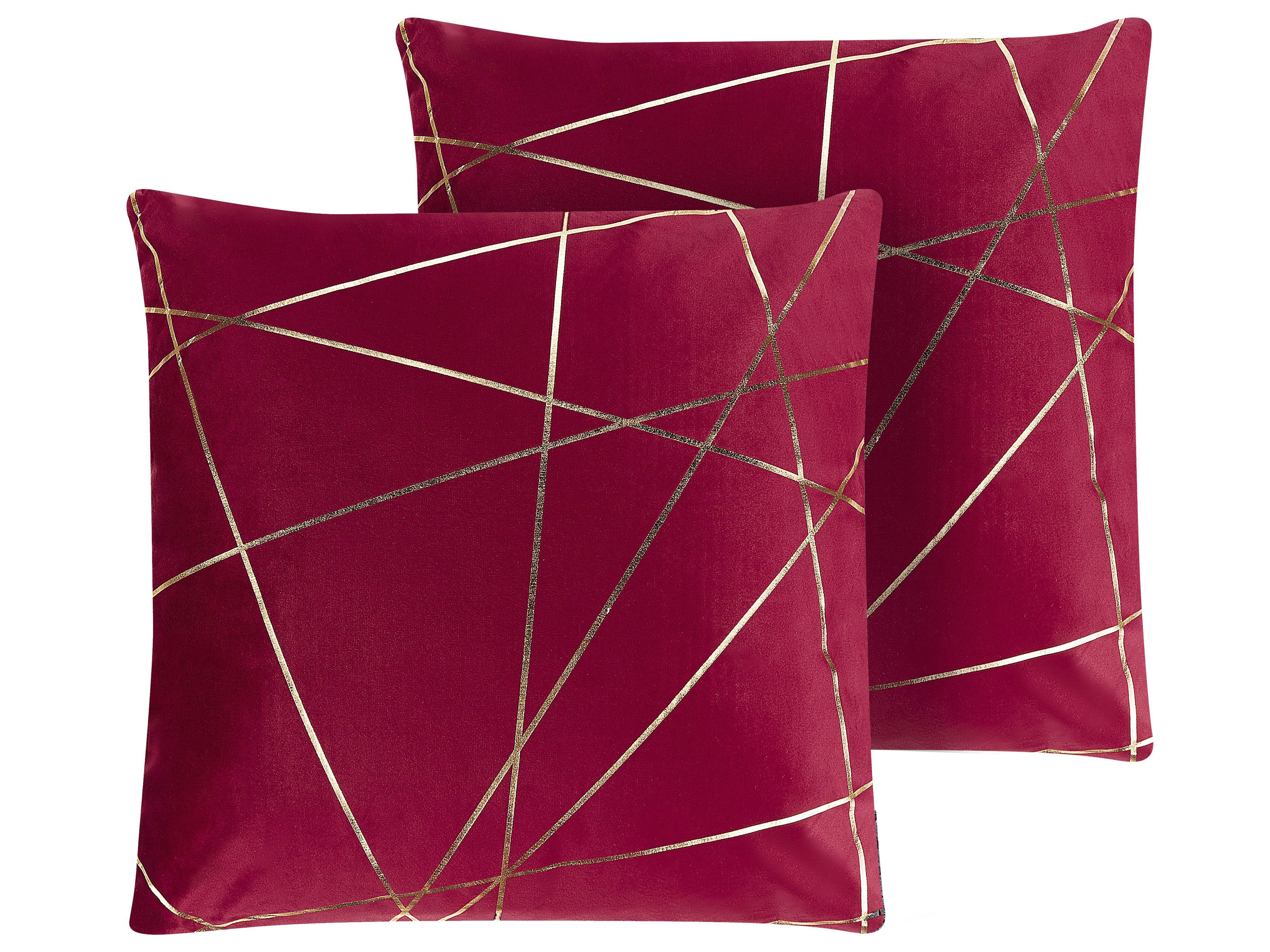 Set of 2 Decorative Cushions PINUS Velvet 45 x 45 cm Red Geometric Pattern