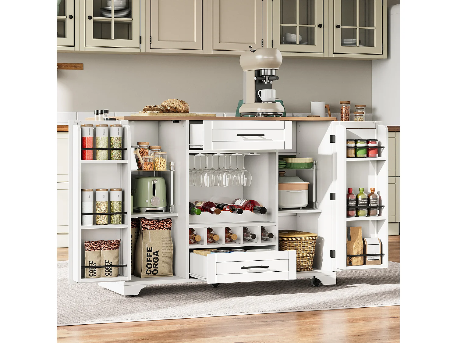Îlot central de cuisine à roulettes avec 2 portes, 2 tiroirs et casier à vin -Blanc - Bois MDF