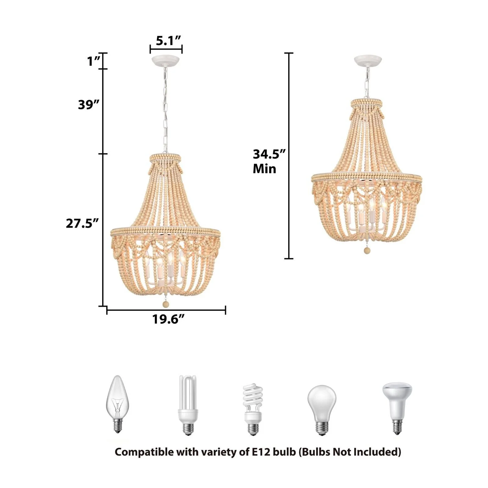 Boho Wood Bead Chandelier 4-Light Rustic Farmhouse Pendant Light for Dining Room or Kitchen Island