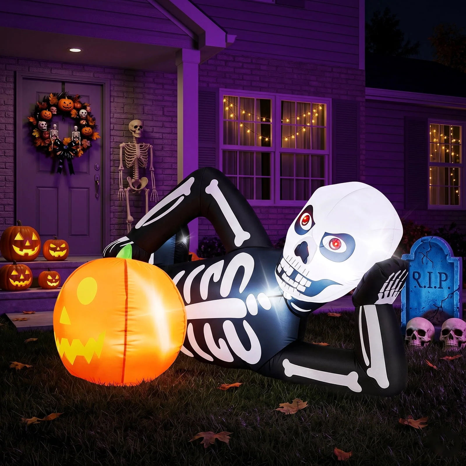 Ktaxon 7' Halloween Inflatables Skeleton Outdoor Halloween Decoration Reclining Skeleton with Pumpkin,Built-In LED Lights - Image 11 Ktaxon 7' Halloween Inflatables Skeleton Outdoor Halloween Decoration Reclining Skeleton with Pumpkin,Built-In LED Lights - Image 11